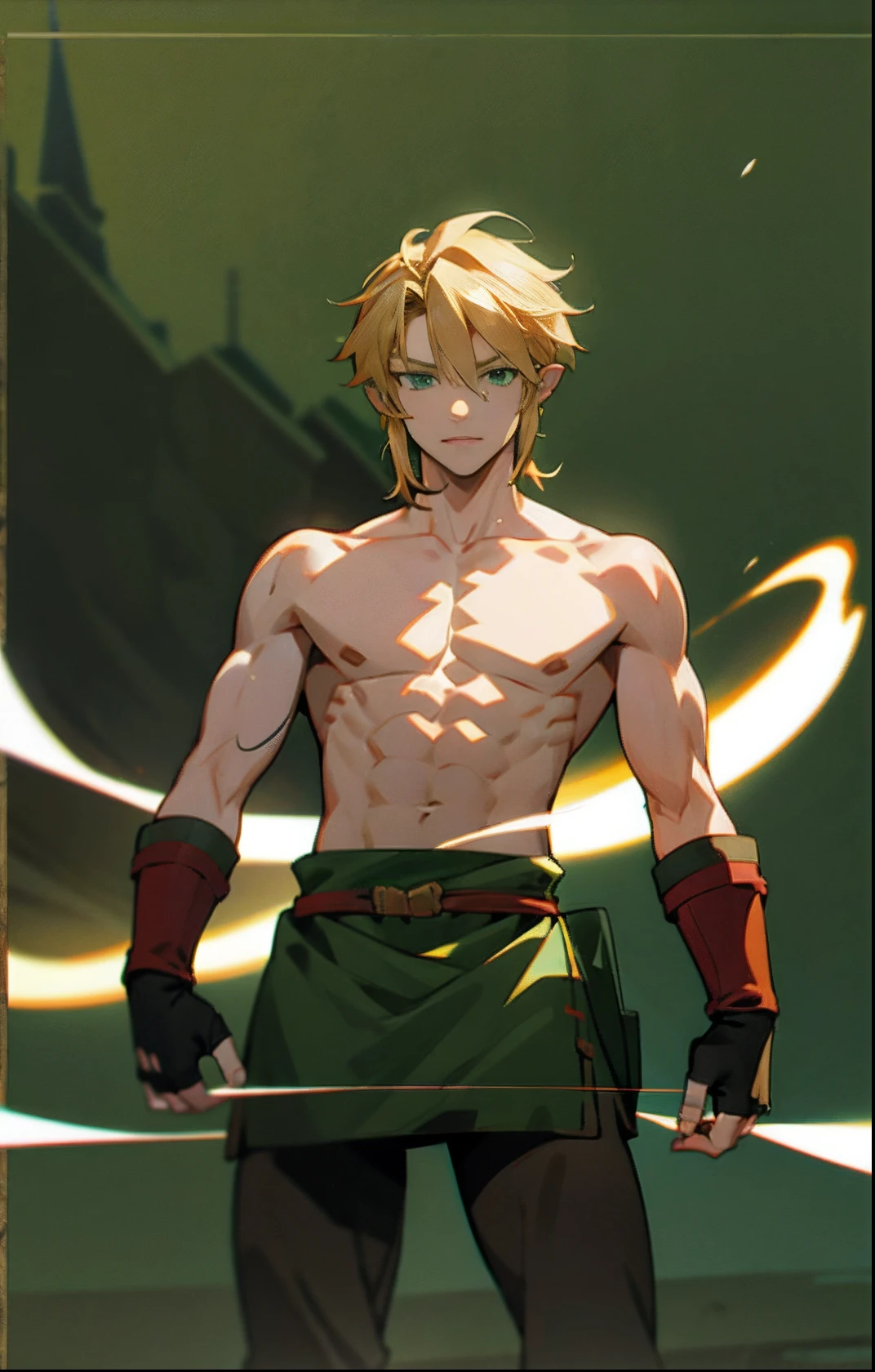 blond, tall, green-eyed guy, viking style, russian hero style, strong,  anime style, anime  , link, ( fingerless gloves), standing, topless , (muscular:0.5)(from above:0.1),(sport:0.2), (empty dojo),(smiling:0.4)