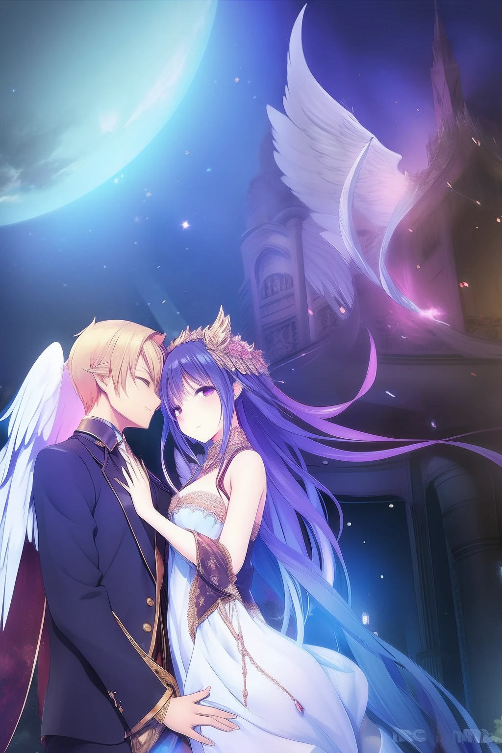 A romantic embrace between an angel and a devil couple, Illuminated by distant nebulae.