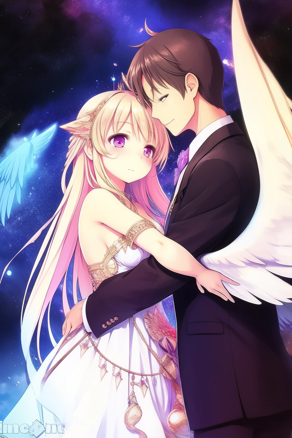 A romantic embrace between an angel and a devil couple, Illuminated by distant nebulae.