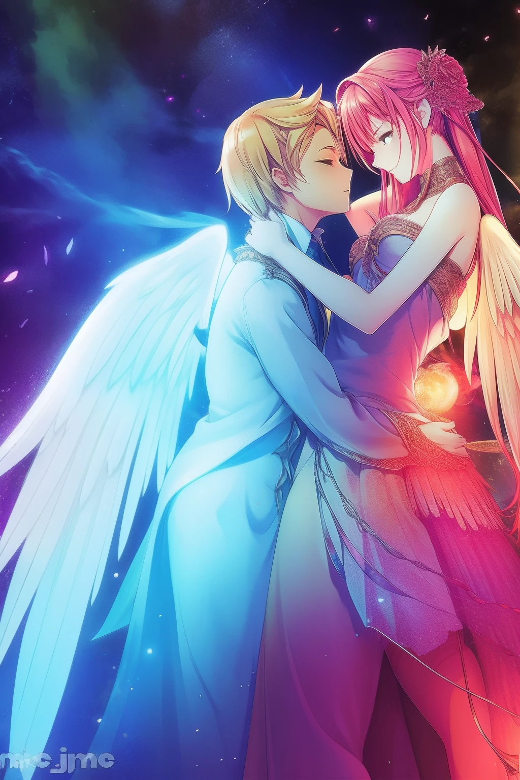 A romantic embrace between an angel and a devil couple, Illuminated by distant nebulae.