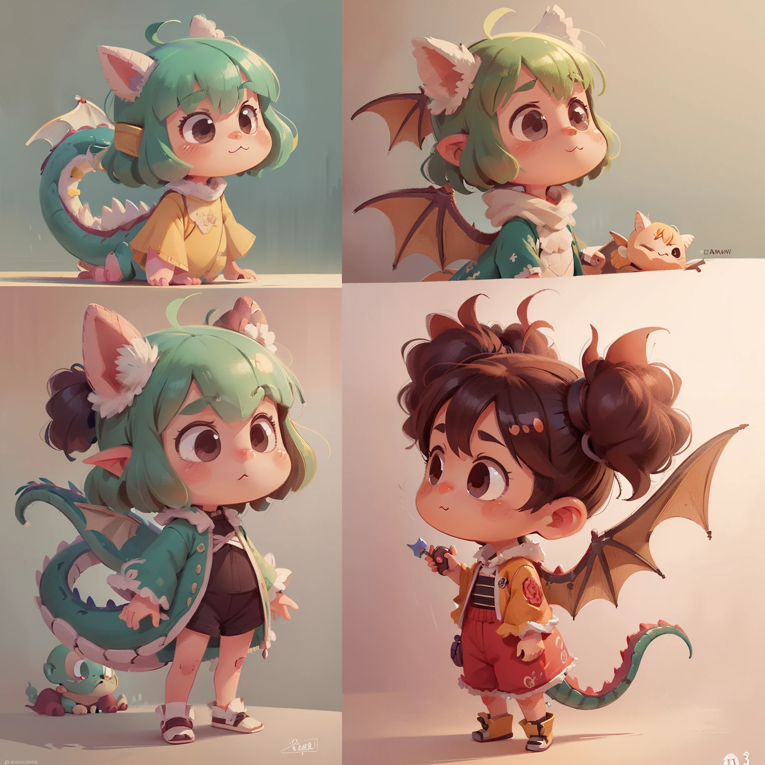 three-view drawing enerate three views, namely the frontview,side and back view，Full body like，The whole body，Dragon clothes, Cute little dragon doll,full bodyesbian, Masterpiece, a 3D render, Best quality, Lots of detail, (Plain background), vinyl toy figurine，full character design，Cute little look