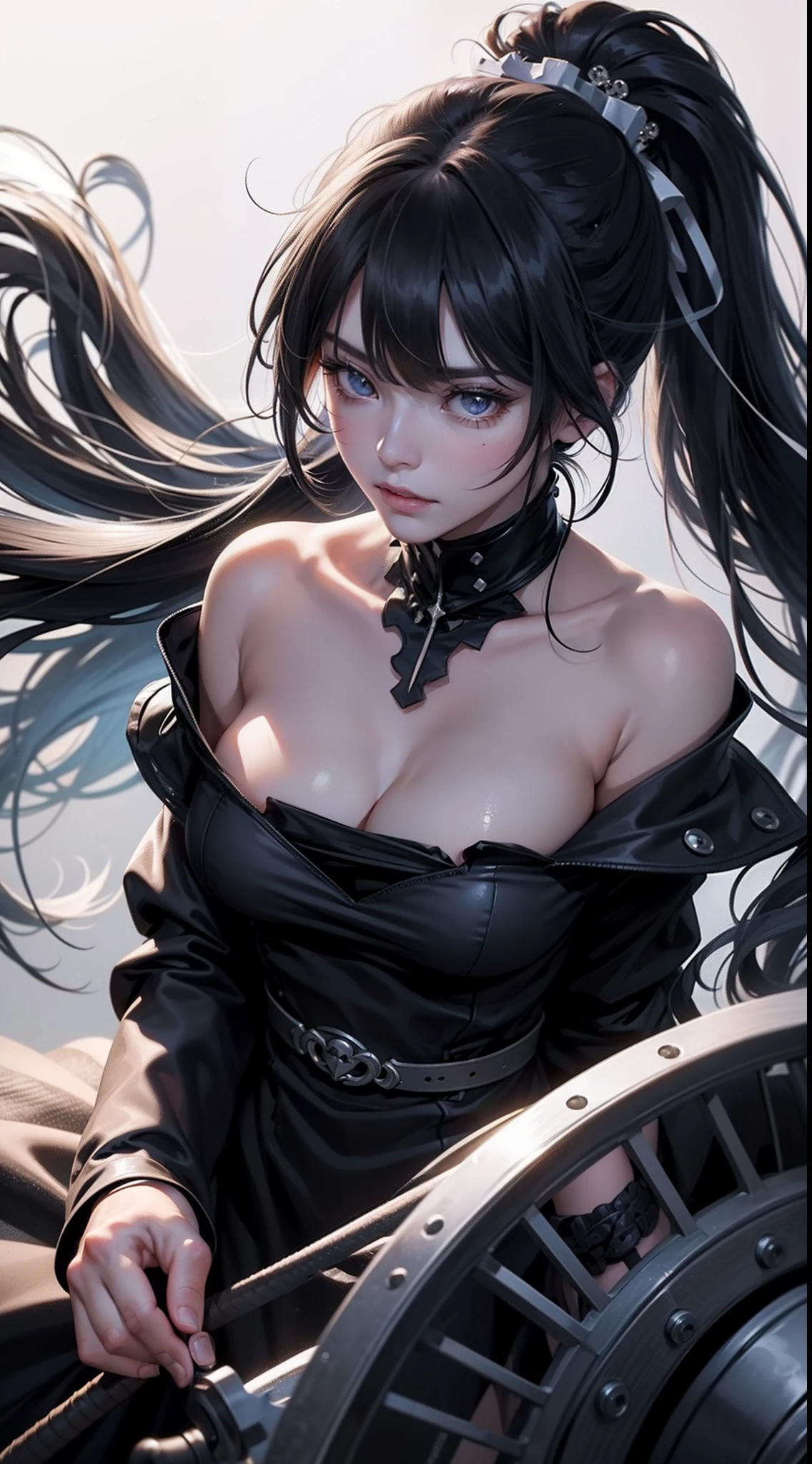 Black hair, bangs, curtained hair, crossed bangs, Long hair, Messy hair, pony tails, Very long hair, Black hair, bangs, curtained hair, crossed bangs, Long hair, Messy hair, pony tails, Very long hair, Big hair, side hair bun, hair ear, hair tying, hair flaps, widow peak, head gear, Hair ribbon, kanzashi, hairpods, white hair ribbon, Moles under eyes, Raised eyebrows, eyeball, Evil smile, crazy, Shy, scowling, jitome, gloom (expression), Seductive smile, anime big breast, Minimalism, Anime style, anime big breast, Minimalism, Anime style, angle of view, From above, hyper HD, retinas, Masterpiece, ccurate, Textured skin, Super detail, High quality, High details, Award-Awarded, Best quality, A high resolution, 16k, hyper HD, retinas, Masterpiece, ccurate, Textured skin, Super detail, High quality, High details, Award-Awarded, Best quality, A high resolution, 16k