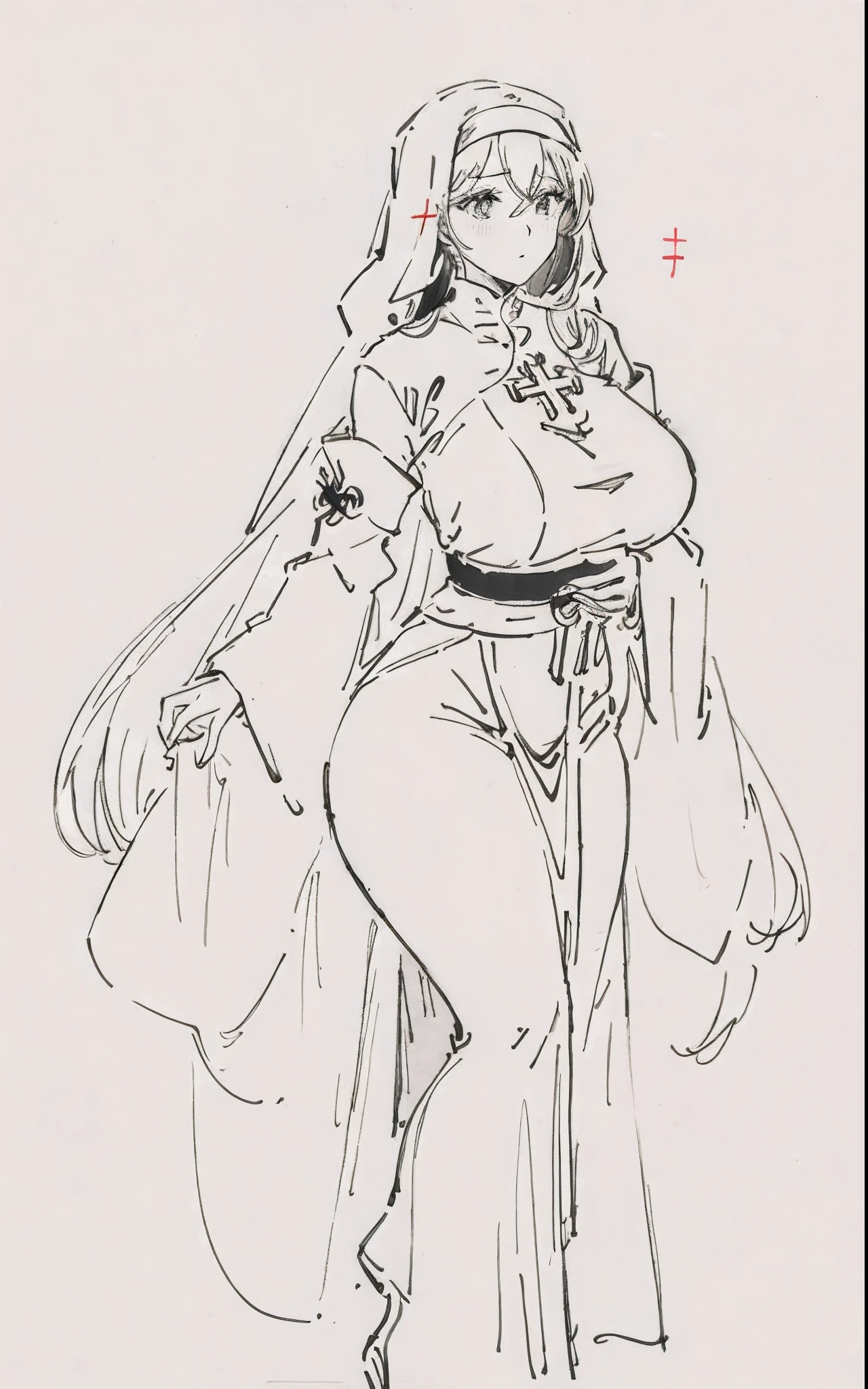 a drawing of a woman with long hair and a cross on her chest, perfect lineart, Simple lines of art, linear art, clean lineart, Albedo from Overlord, Line sketch, bold lineart, Line sketch!!, thick lineart, clean anime outlines, flowing hair and long robes, thick black lineart, Marin Kitagawa fanart, Outline sketch,lewd nun