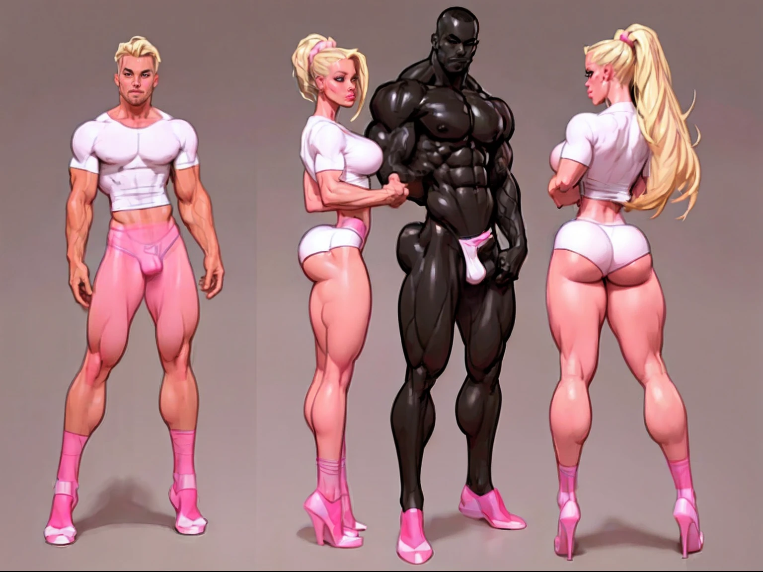 ((masterpiece)),(((best quality))),((character design sheet)), illustration,1man, boy, 1 girl, 1 woman, environment Scene change, ((man is (crotch bulge:0.9), muscular, (pink skin:1.2), white tshirt, white underwear, masculine, rugged, manly, sharp edges, heroic, pink legs, thick legs,)) (woman is blonde with ponytail)) scribbles and marks, no face, ((mannequin face:1.2)), rough sketches, pose too, white and black color palette, 8k,16k, (simple background, light background: 1.3)