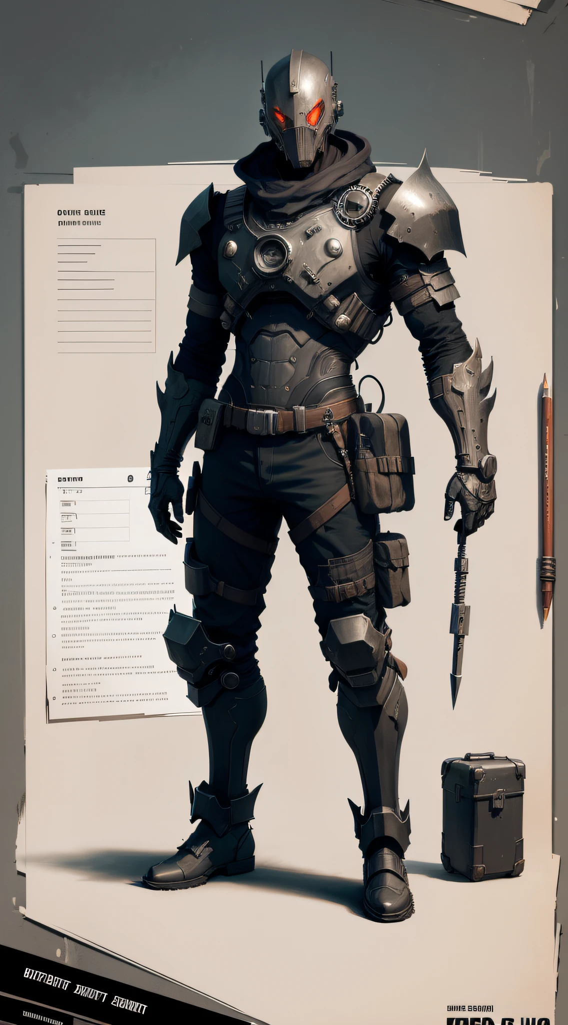 Car seller NPC, bits of color, Sketch, hand drawn, dark, gritty, realistic sketch, Rough sketch, mix of bold dark lines and loose lines, bold lines, on paper, character sheet, humanoid, Full body covered in metal, slik, sci-fi, ghostly theme, (((items and gear listed on the side)))