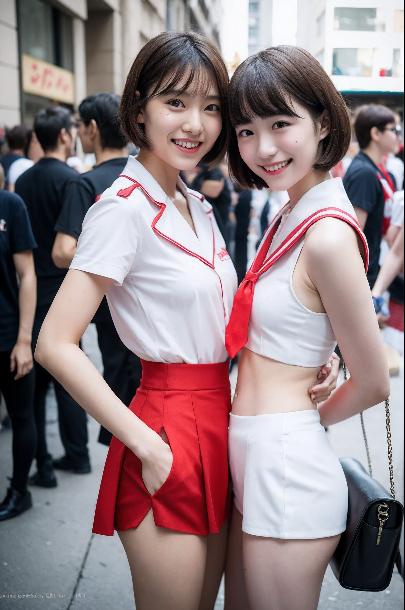 2 girls standing in crowded street,white leotard and sailor suit top,red tie,small bag,18-year-old,bangs,a little smiles,thighs,knees,crotch,short cut hair,ponytail,from below