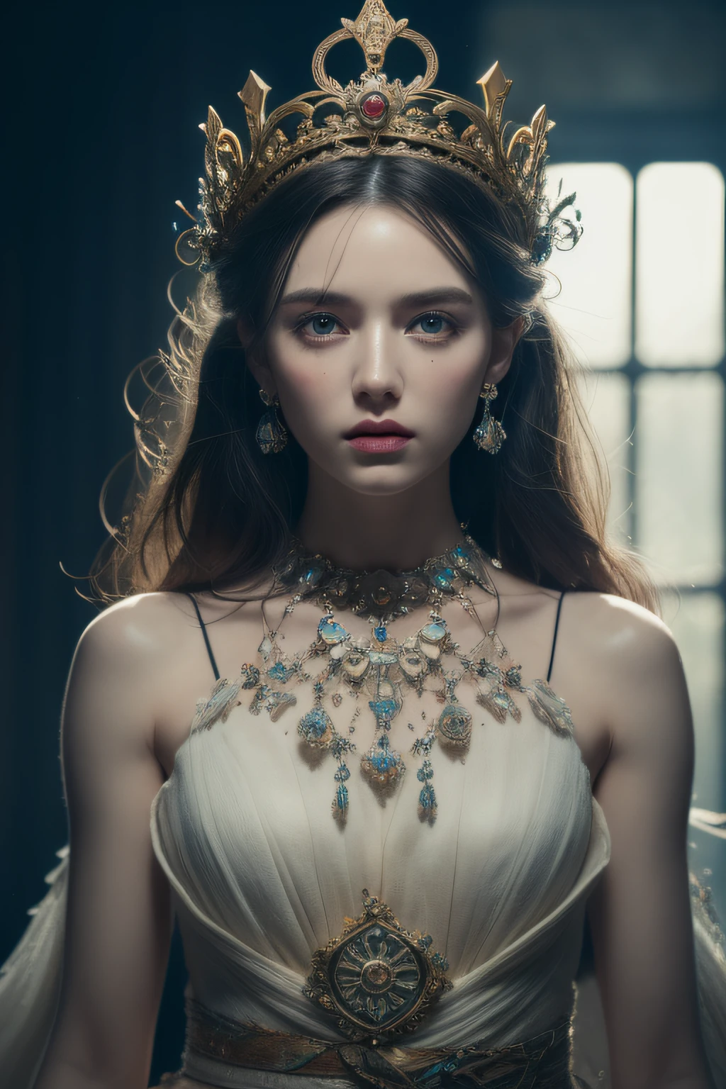 Perfect woman, full body, colorful hair, royal, crown, princess, queen, dystopian, highly detailed, soft lighting, detailed face, perfect face, intricate artwork masterpiece, vogue magazine, story, fantasy, ominous, esoteric, intricate, body, epic, ultra high quality model, unreal engine, global illumination, detailed, intricate environment, octane render