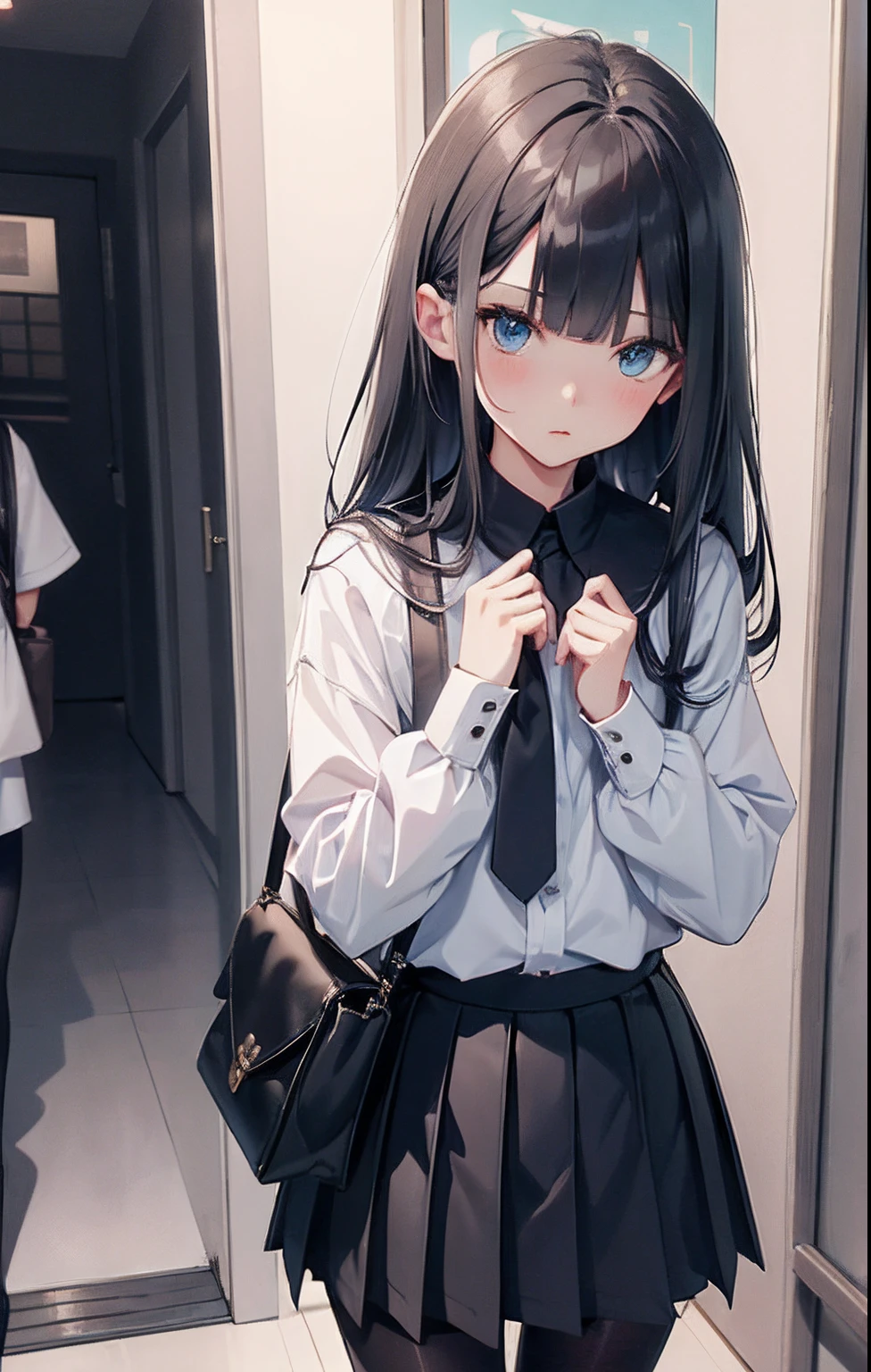 tmasterpiece、Need、Highest high resolution、Japanese high school girl、Three no girls、mano、Petite、Small chest、Dark blue top、a black pleated skirt、The slender legs are wearing dark black pantyhose、No shoes、ccurateblack hair、Long straight hair, Turquoise blue eyes、white backgrounid