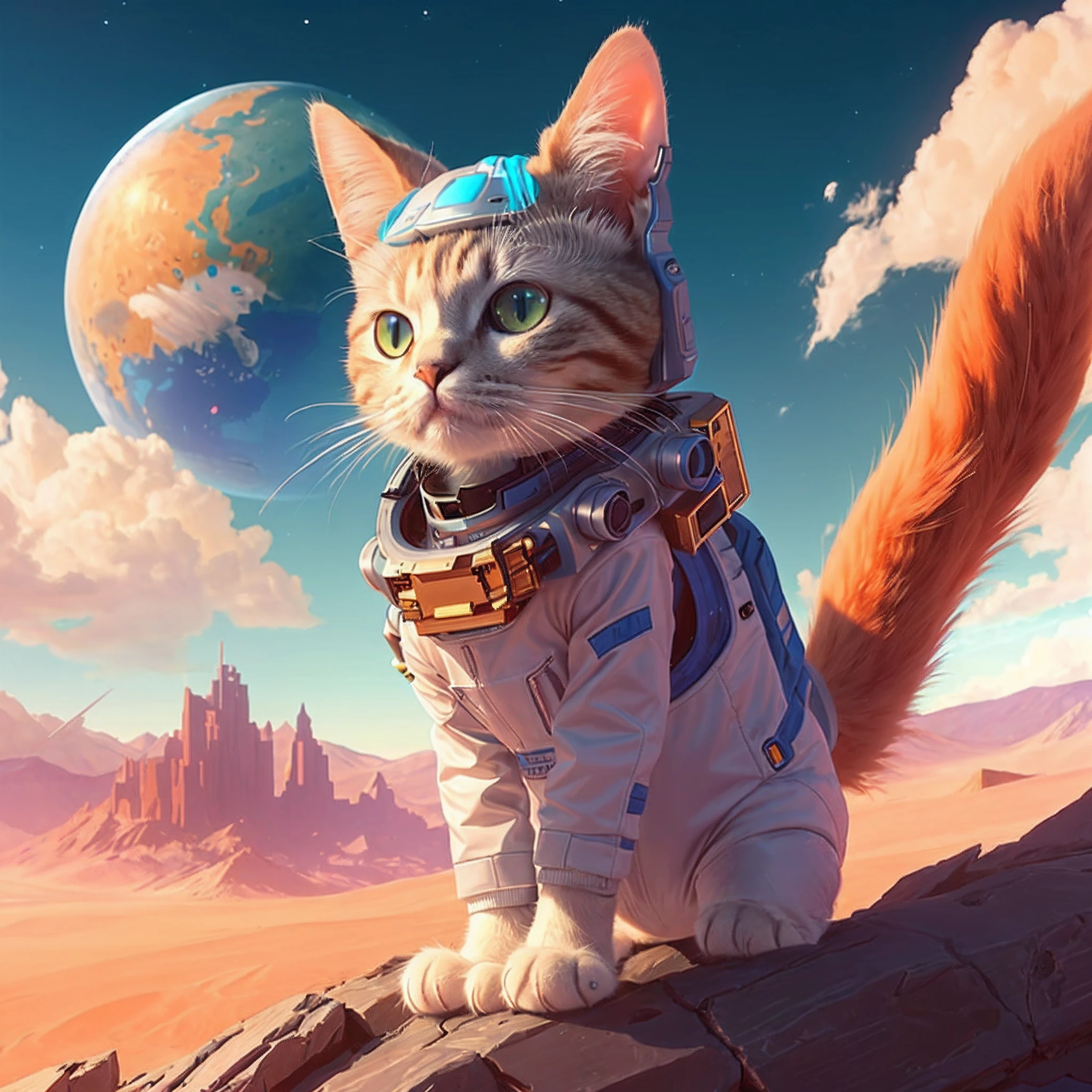 a close up of a cat wearing a space suit and a helmet, Cat Tail, Hair Cat Tail, astronaut cat, space cat, adorable digital painting, cyborg cat, cyborg kitten, a cyborg cat, cute detailed digital art, robot cat, cyberpunk cat, armored cat, cute 3 d render, anthropomorphic cat, cat design, cat robot, cat in space, space, mars background , realistic blue sky, realistic background planet, realistic clouds, realistic cat eye, realistic stone, realistic hair cat, neo suit, realistic whiscat