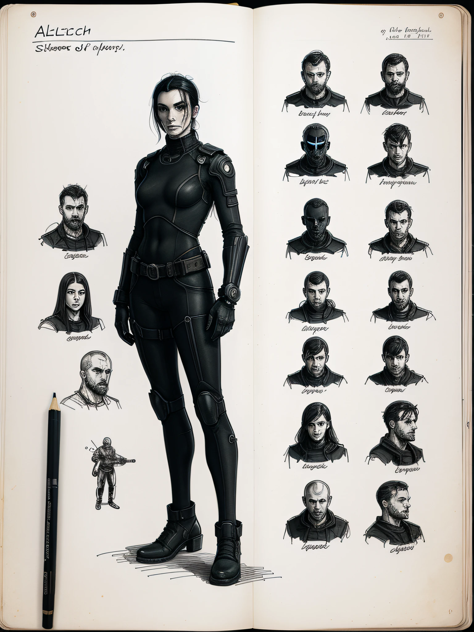 alchemist, bits of color, Sketch book, hand drawn, dark, gritty, realistic sketch, Rough sketch, mix of bold dark lines and loose lines, bold lines, on paper, character sheet, humanoid, Full body, slik, cyberpunk, ghostly theme, items and gear listed