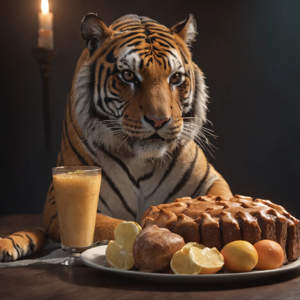 (professional 3d render:1.3) af (Realistic:1.3) most beautiful artwork photo in the world,A tiger with a beautiful crown,anthropomorphic turtle,Mango juice drink in hand,Cakes with candles on the table 。Full body 8K unified rendering, action shot, skin pore, very dark lighting, heavyshading, Detailed, Detailed face, (vibrant, photograph realistic, Realistic, Dramatic, Dark, Sharp focus, 8K), (Silk clothing:1.4), ((((dressed in silk)))), (Intricate:1.4), Elegant, (Highly detailed:1.4), Digital painting, rendering by octane, art stations, concept-art, smooth, Sharp focus, illustration, Art germ, (loish:0.23), (Global illumination, Studio light, volumettic light), heavy rain, particles floating, fantasy, elf, full bodyesbian, ((Dark and ancient city background:1.3)),CGSesociety,art stations