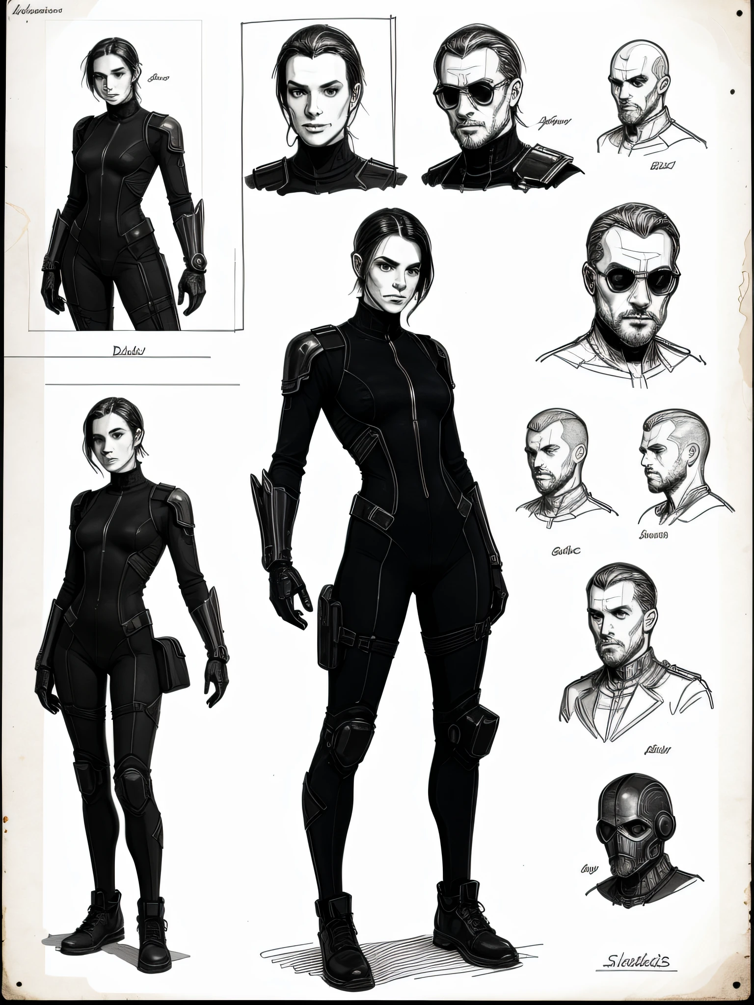 alchemist, bits of color, Sketch book, hand drawn, dark, gritty, realistic sketch, Rough sketch, mix of bold dark lines and loose lines, bold lines, on paper, character sheet, humanoid, Full body, slik, cyberpunk, ghostly theme, items and gear listed