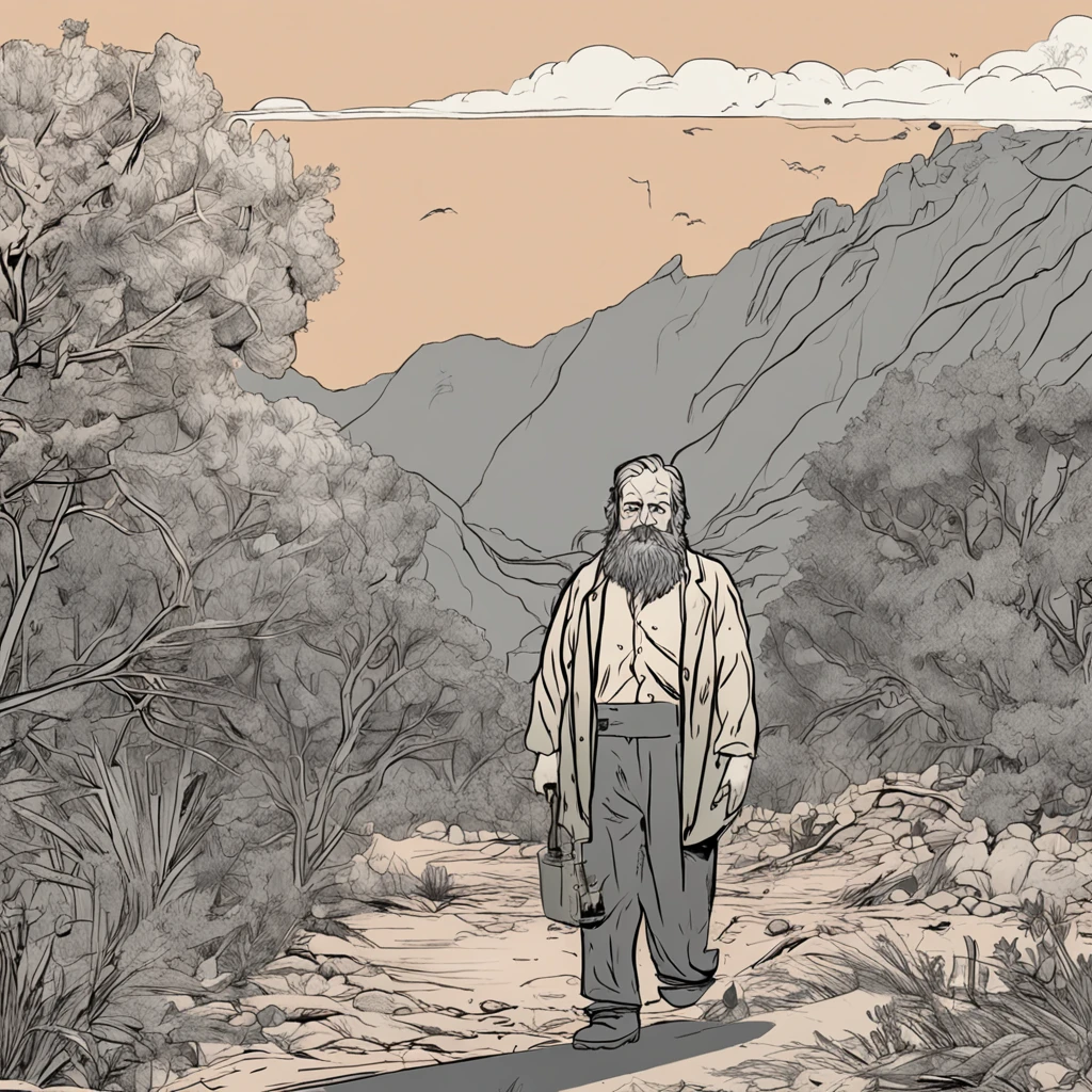 An old man with a beard,Wear a suit and rain boots,with gray hair,Stand alone under lush trees,Holding a cigarette in his hand。