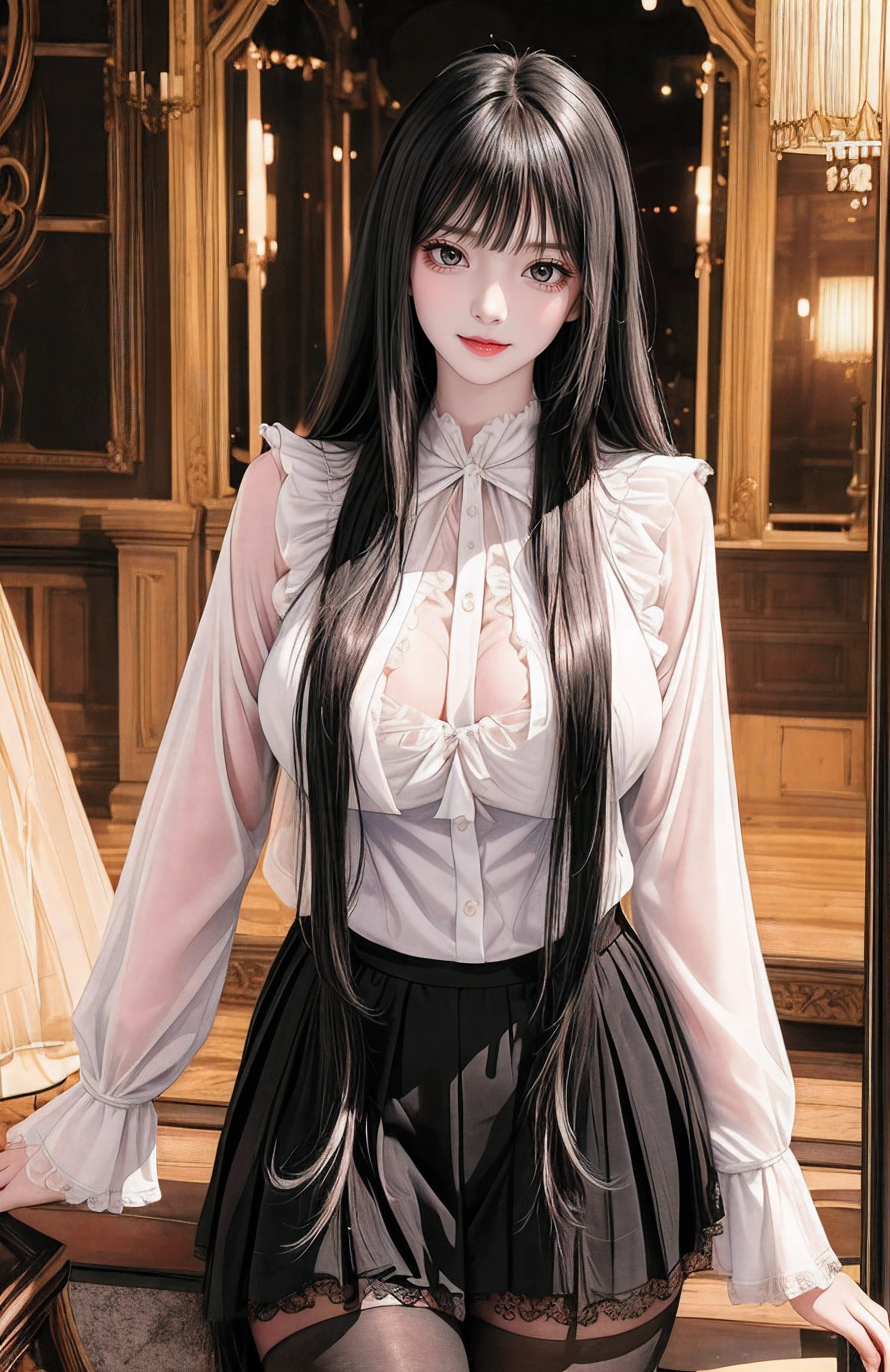 a beauty girl, blush, Seductive smile,Insane details and very detailed, Huge lower eyelid. masutepiece, of the highest quality, Ultra high definition, max resolution, Very detailed, Clean skin,