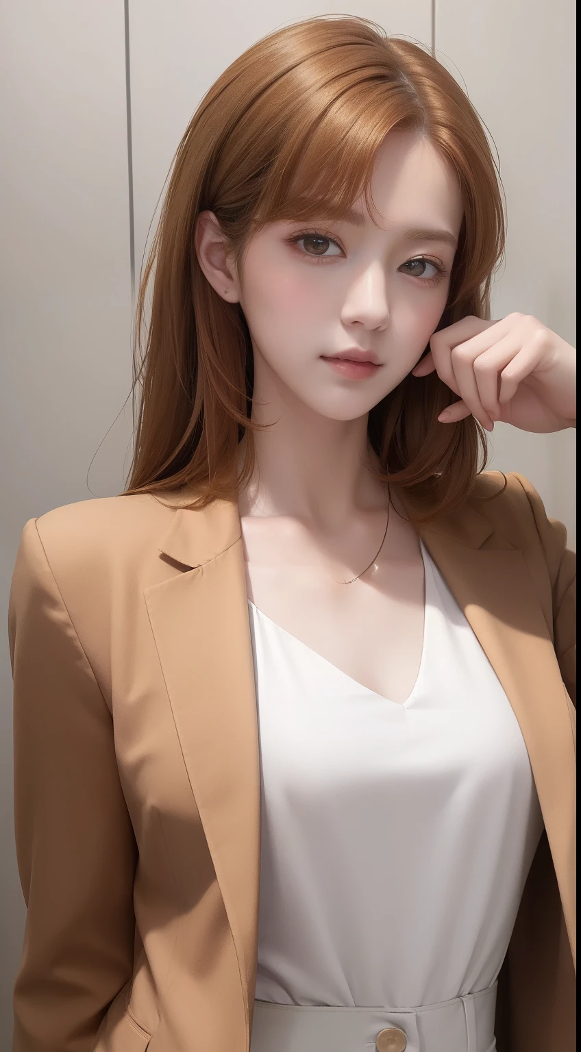 (Masterpiece:1.4), (best quality:1.2), yoo sangah, 1girl, white shirt, brown jacket, orange hair, upper body