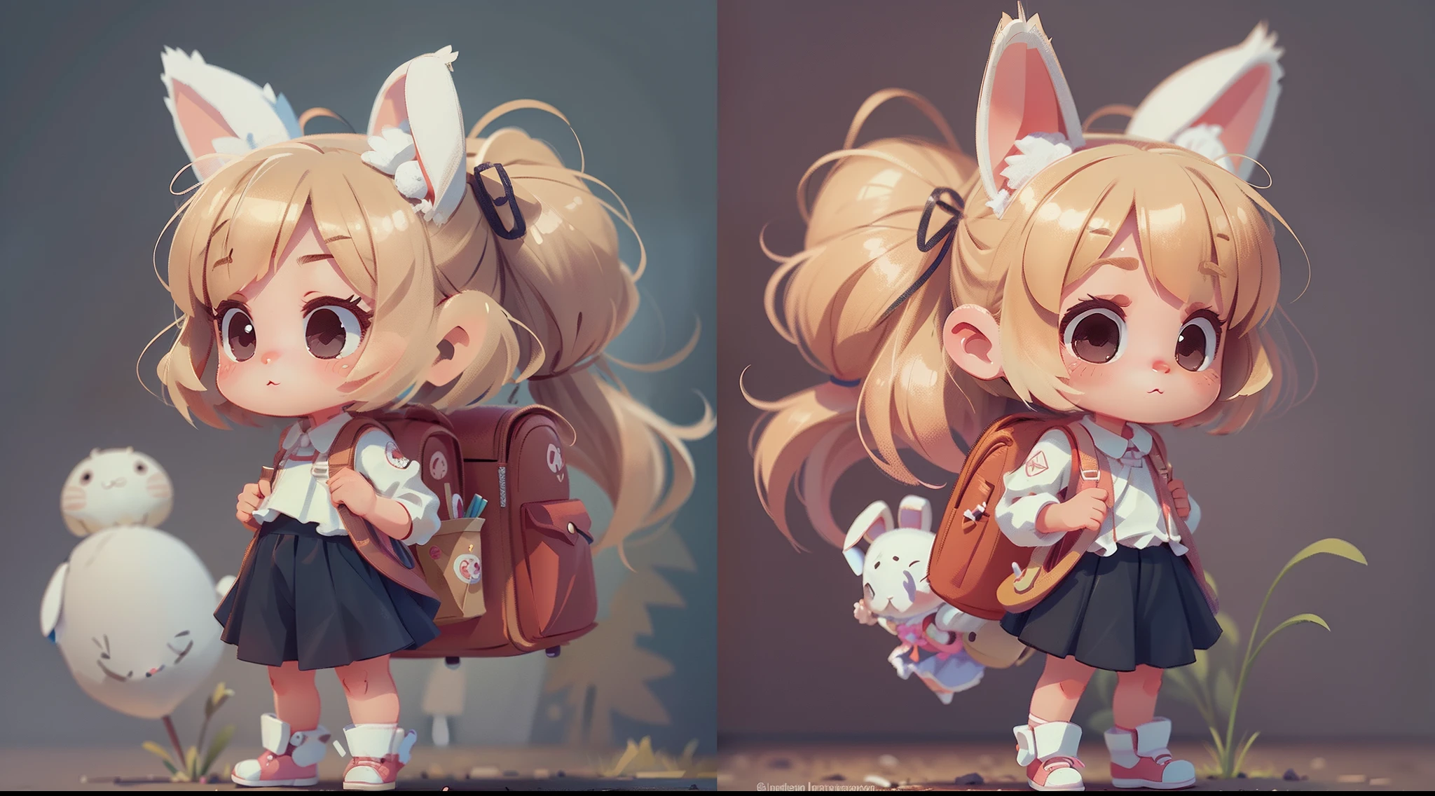 three-view drawing enerate three views, namely the frontview,side and back view,There is a white bunny doll with a backpack and backpack, cute 3 d render, render of a cute 3d anime girl, highly detailed character, Cute detailed digital art, cute character, 3 d render stylized, Female explorer mini cute girl, original chibi bunny girl, soft 3d render, Cute! C4D, Stylized anime, Rendered in redshift