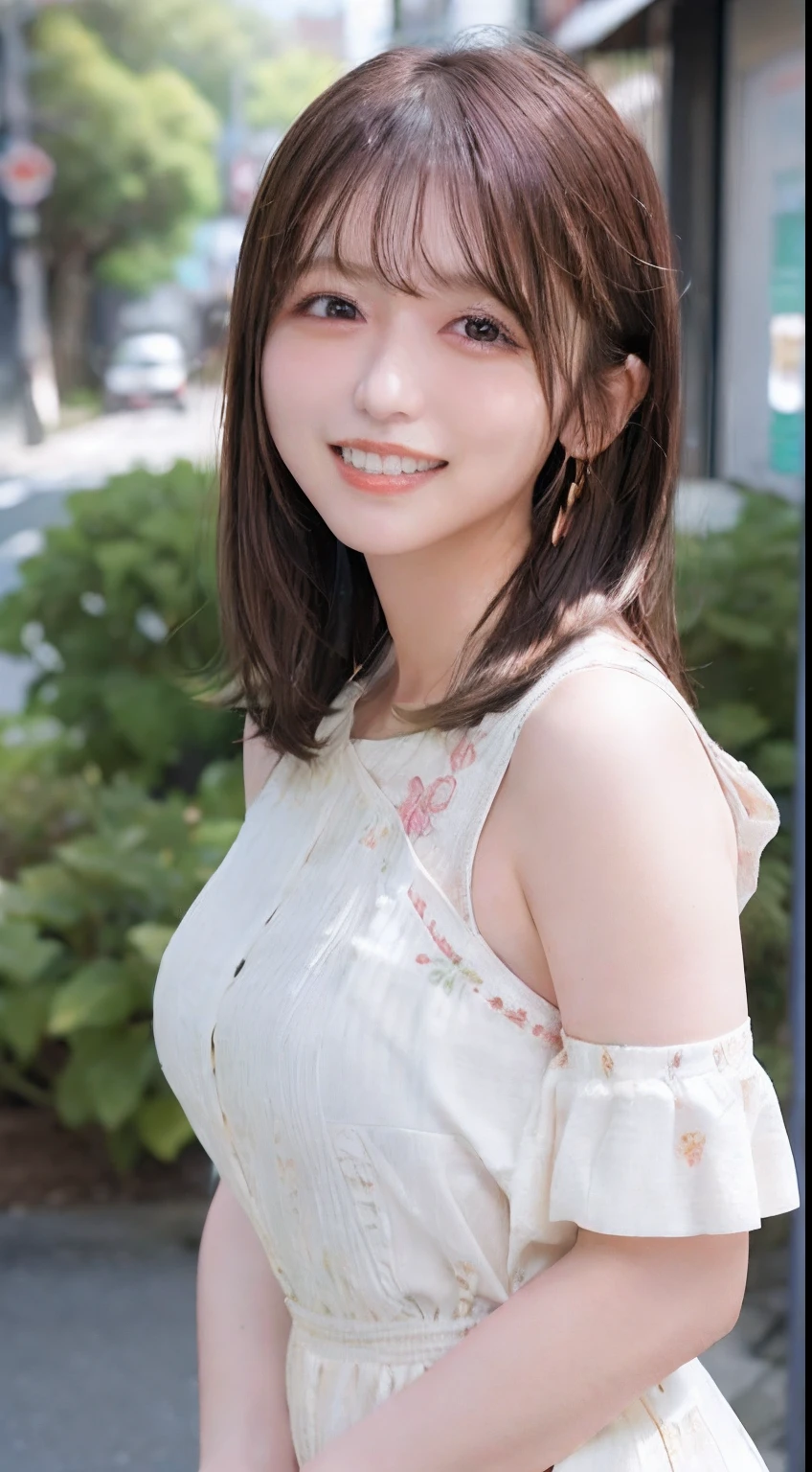 masutepiece, Best Quality, Illustration, Ultra-detailed, finedetail, hight resolution, 8K Wallpaper, Perfect dynamic composition, Beautiful detailed eyes, summer dress,Medium Hair, teats, Natural color lips, Random and sexy poses,Smile,Aoyama Street Promenade、20 years girl