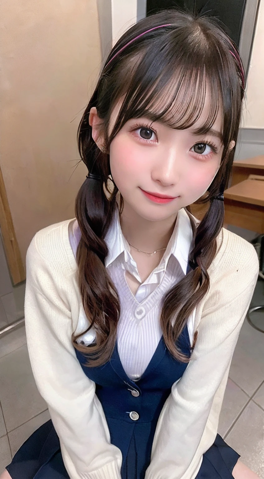 Twin-tailed、age, School uniform, Cardigan 、neck tie、a short skirt、knee high socks、takeout、In public、blazers、student clothes、18year old、Revealing clothes 、skinny  body、Feet to head、full body Esbian、Valley、Constriction、(8K、Raw photography、Top image quality、​masterpiece:1.2)、high-definition RAW color photography、professional photograpy、(realisitic、photos realistic:1.37)、((top-quality))、女の子1iinematic light、(Face of detail:1.2)、(​masterpiece:1.5)、(top-quality:1.2)、(A smile:1.2)、(Look at viewers:1.2)、mascara、makeups、teak、Ultra-realistic capture, Highly detailed, High resolution 16k close-up of human skin. Skin texture must be natural, Detailed enough to finely identify pores. Skin should look healthy, In a uniform tone. Use natural light and color