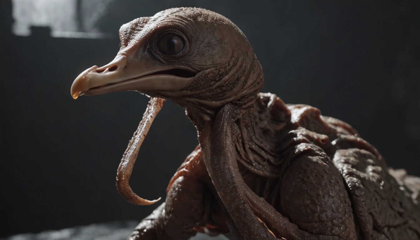 (professional 3d render:1.3) af (Realistic:1.3) most beautiful artwork photo in the world,Features a duck xenomorpth cluttered environment)), full body 8k unity render, action shot, skin pore, very dark lighting, heavy shading, Detailed, Detailed face, (vibrant, photograph realistic, Realistic, Dramatic, Dark, Sharp focus, 8K), (Old leather garments damaged by weathering:1.4), ((((Wear fur)))), (Intricate:1.4), decadent, (Highly detailed:1.4), Digital painting, rendering by octane, art stations, smooth, Sharp focus (Global illumination, Studio light, volumetric light), heavy rain, particles floating, fantasy, full body ((Dark and ancient city background:1.3))