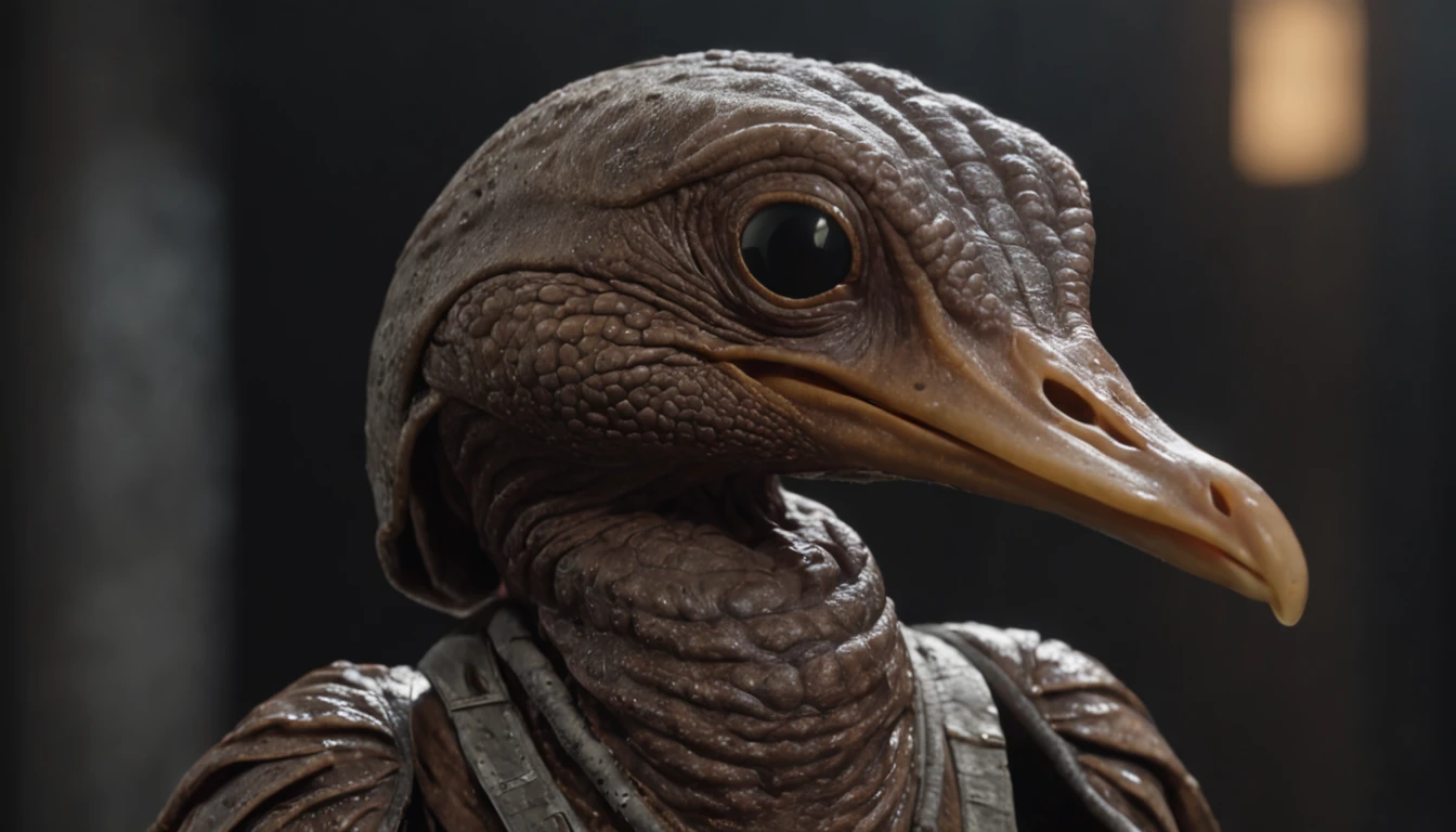 (professional 3d render:1.3) af (Realistic:1.3) most beautiful artwork photo in the world，Features a duck xenomorpth cluttered environment)), full body 8k unity render, action shot, skin pore, very dark lighting, heavy shading, Detailed, Detailed face, (vibrant, photograph realistic, Realistic, Dramatic, Dark, Sharp focus, 8K), (Old leather garments damaged by weathering:1.4), ((((Wear fur)))), (Intricate:1.4), decadent, (Highly detailed:1.4), Digital painting, rendering by octane, art stations, smooth, Sharp focus (Global illumination, Studio light, volumetric light), heavy rain, particles floating, fantasy, full body ((Dark and ancient city background:1.3))