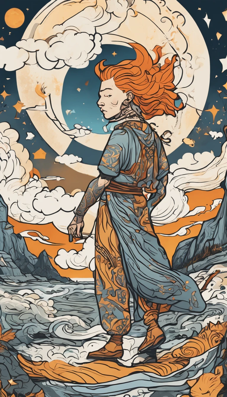 Tarot Card Backgrounds，Orange-haired Ala Fed Man，Standing near the Ikeno Daigo Cliff，juices，There is a bag on it，White clouds spread around，The sun is bright，blue backdrop，At his feet is a white cat