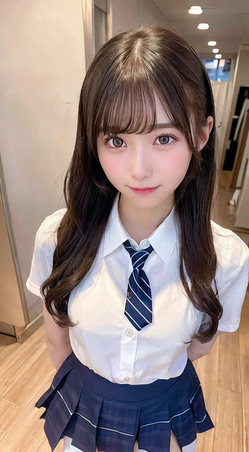 13years、brown haired、beautidful eyes、real looking skin、hi-school girl、a sailor suit、small tits、(8K、masterpiece)、(reallistic、Photorealsitic)、top-quality、ighly detailed、The ultra-detailliert、Beautie、cute little、japanes、Idol、a smile、Close-up portrait、Healthy face