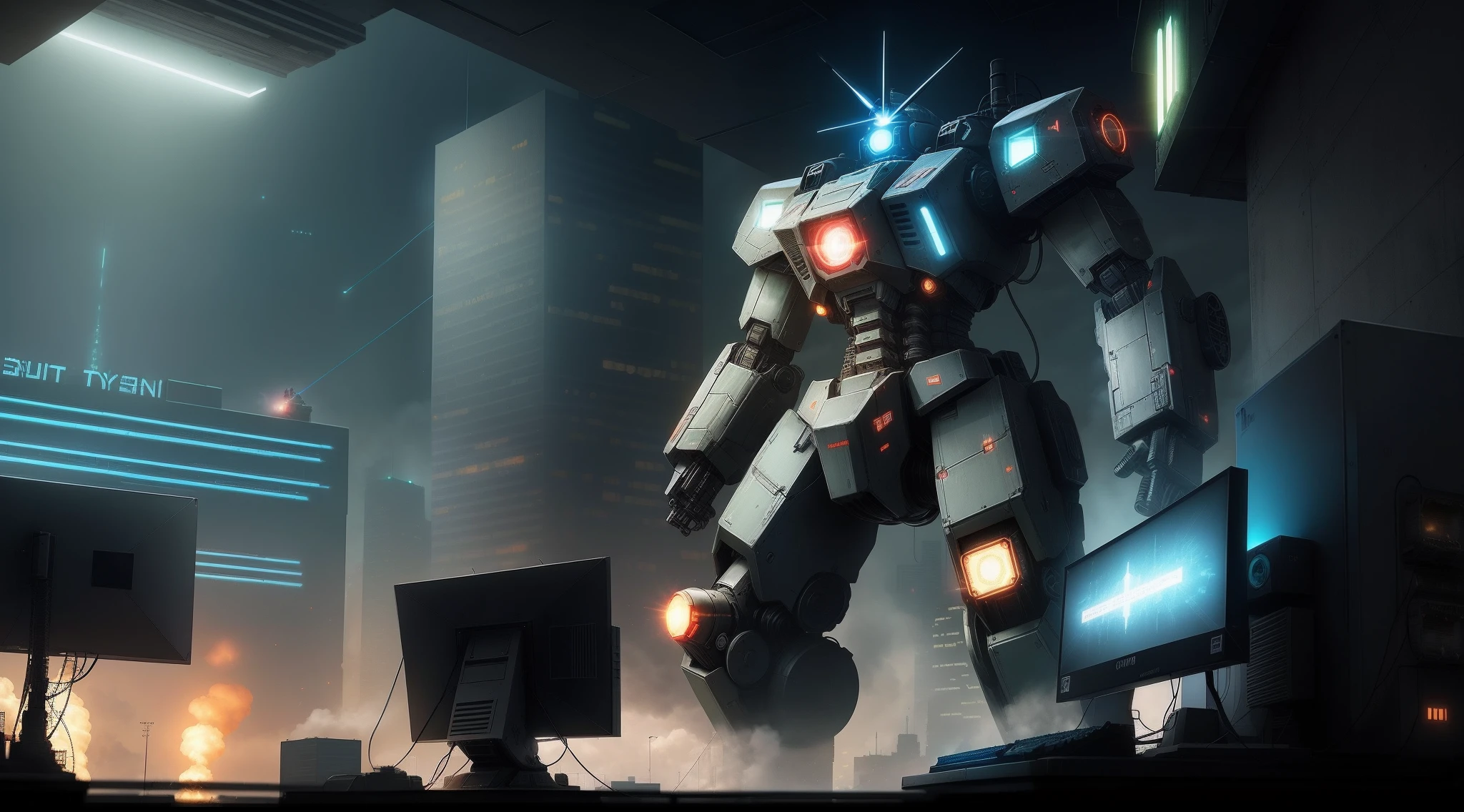 A Giant Combat robot in the cyperpunk city, robot holding big machine gun shooting to the sky, a cyperpunk hacker is using computers, monitors , LED lights, danger atmosphere