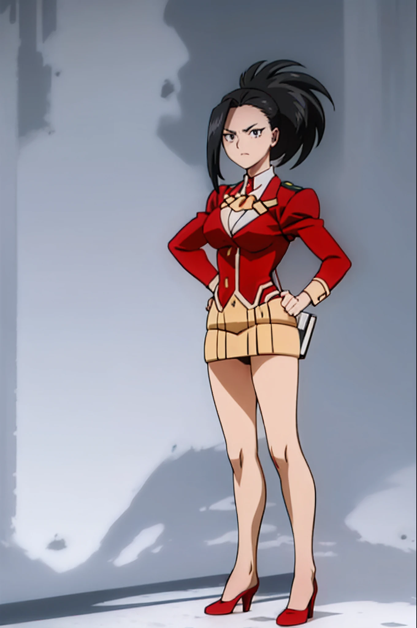 RETRO ARTSTYLE, 1990S (STYLE), masterpiece, best quality, yaoyorozu momo, 1girl, black eyes, black hair, ponytail, long hair, hair pulled back, full body, hands on hips, standing, juliet sleeves, solo, looking at viewer, red jacket, ascot, red pencil skirt, white thighhighs, red high heels, simple background