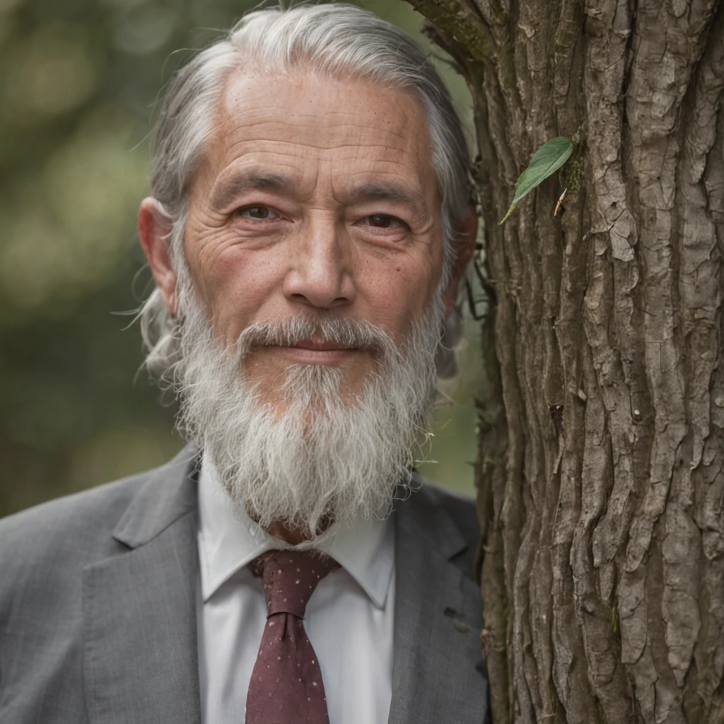 An old man with a beard,dressed in a suit、Wear rain boots,Gray hair、standing under a tree,Smoking。