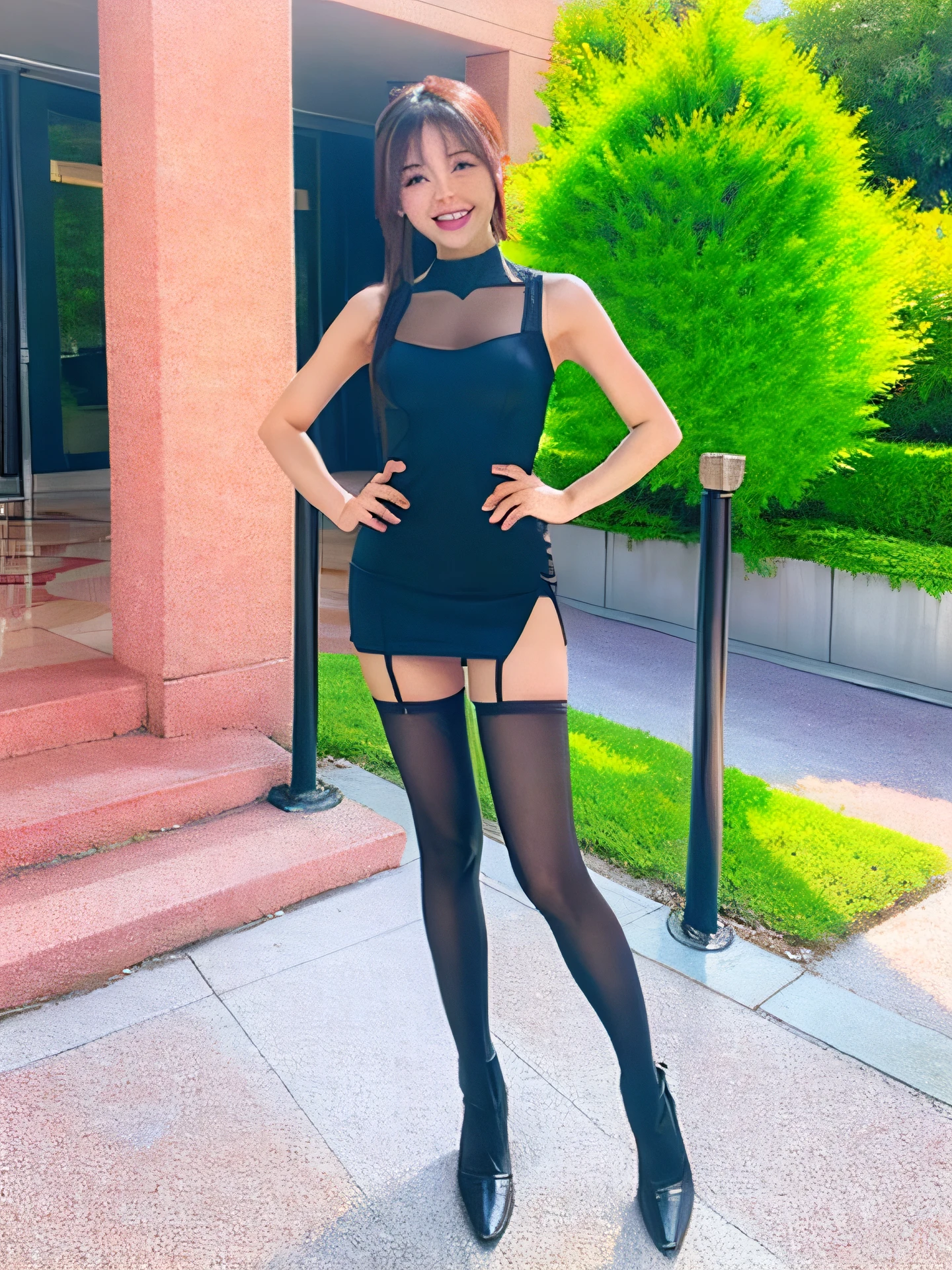 Enamel Bodycon、Bodysuits、stockings、Long body、Kick-up pose、a miniskirt、Full smile