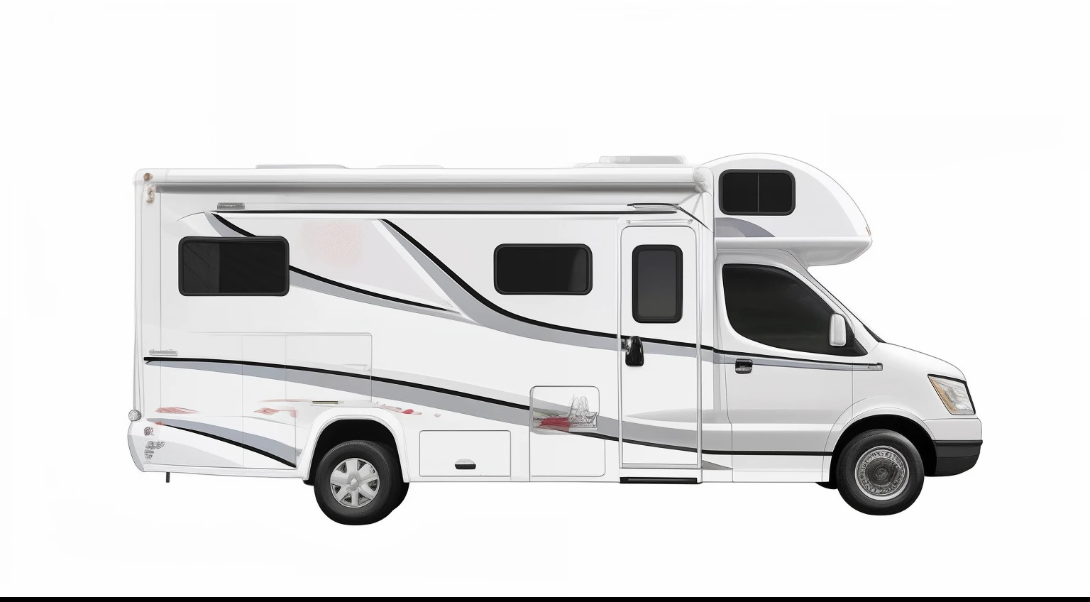 um close up de um motor home branco com uma faixa preta, vista frontal lateral, 3/4 vista lateral, 3 / 4 view, 3/4 view, caravana, 3/4 vista de baixo, perspectiva frontal, tiro exterior, RV, 3/4 vista frontal, profile view perspective, medium wide front shot, side view, tiro largo exterior, vehicle profile