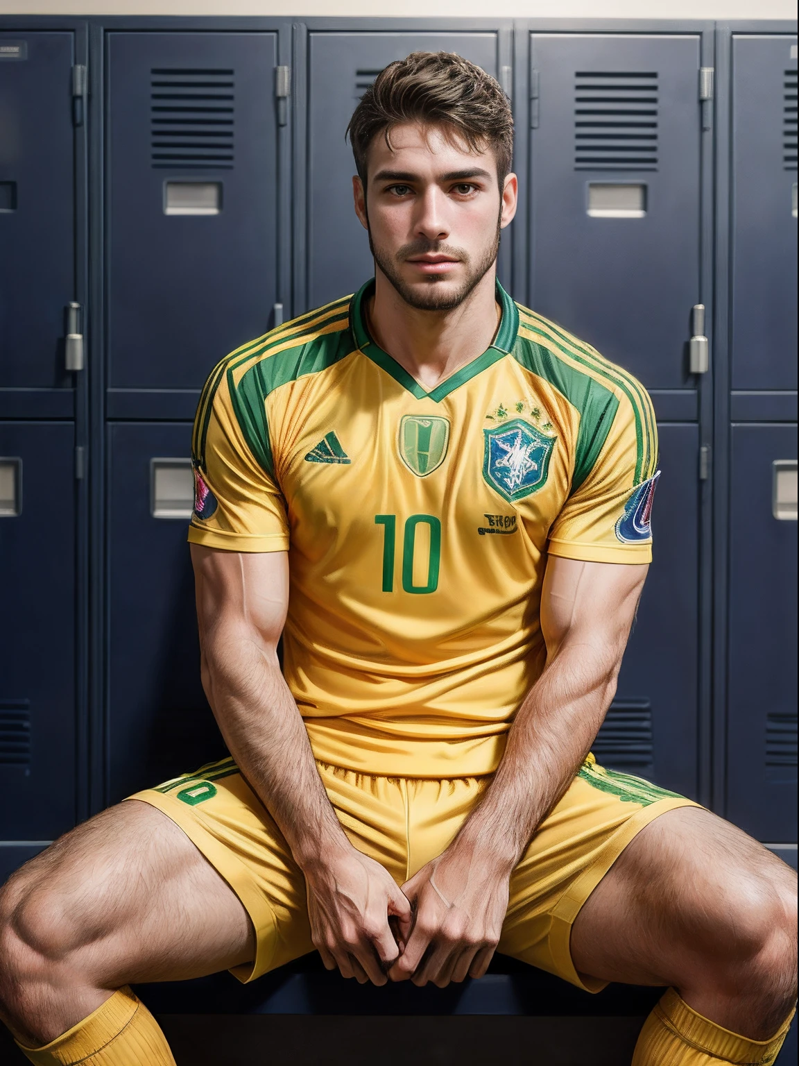 Solo, Facial hair, muscular, Brazil Soccer Uniform, Stubble, Sitting, Locker Room, Front View, (Intricate Details, Masterpiece, High Quality, Best Quality)