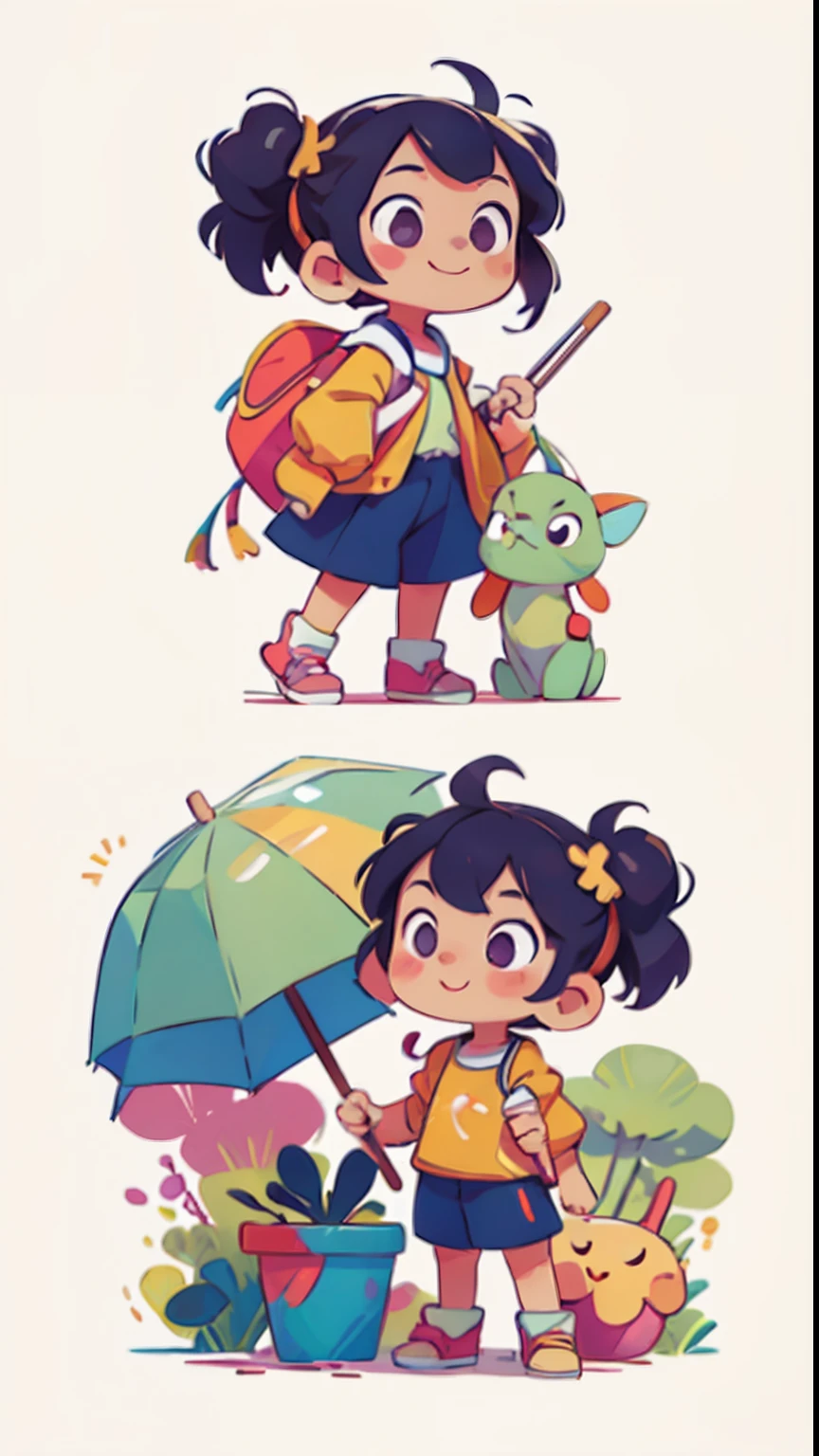 three-view drawing enerate three views, namely the frontview,side and back view,vectorial art, Color graffiti illustration, Cute and cheerful with umbrella, are in the center, Bright colors, Paint splashes and stains, Adobe illustrator, High detail, white backgrounid