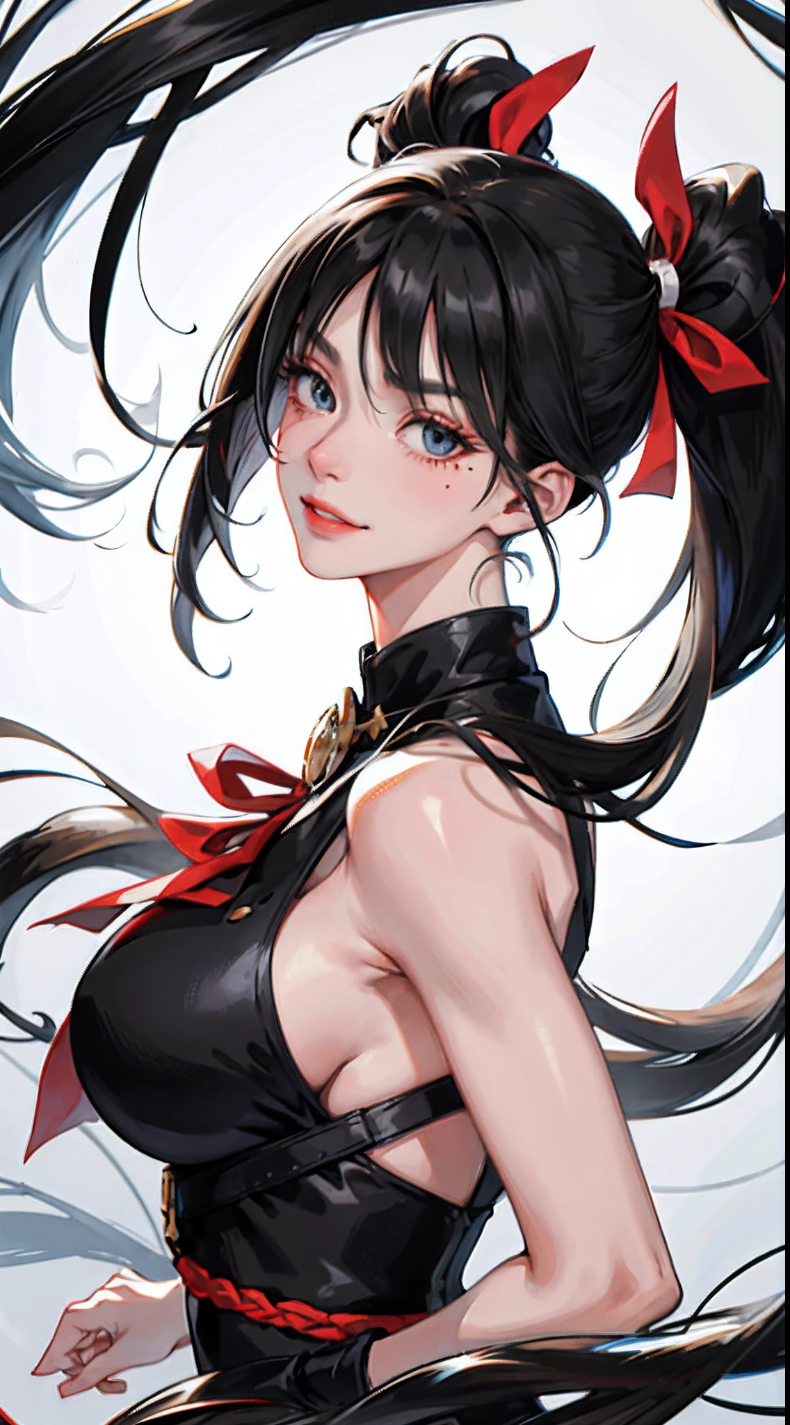 Black hair, bangs, curtained hair, crossed bangs, Long hair, Messy hair, pony tails, Very long hair, Black hair, bangs, curtained hair, crossed bangs, Long hair, Messy hair, pony tails, Very long hair, Big hair, side hair bun, hair ear, hair tying, hair flaps, widow peak, head gear, Hair ribbon, kanzashi, hairpods, white hair ribbon, Moles under eyes, Raised eyebrows, eyeball, Evil smile, crazy, Shy, scowling, jitome, gloom (expression), Seductive smile, anime big breast, Minimalism, Anime style, anime big breast, Minimalism, Anime style, angle of view, From above, hyper HD, retinas, Masterpiece, ccurate, Textured skin, Super detail, High quality, High details, Award-Awarded, Best quality, A high resolution, 16k, hyper HD, retinas, Masterpiece, ccurate, Textured skin, Super detail, High quality, High details, Award-Awarded, Best quality, A high resolution, 16k