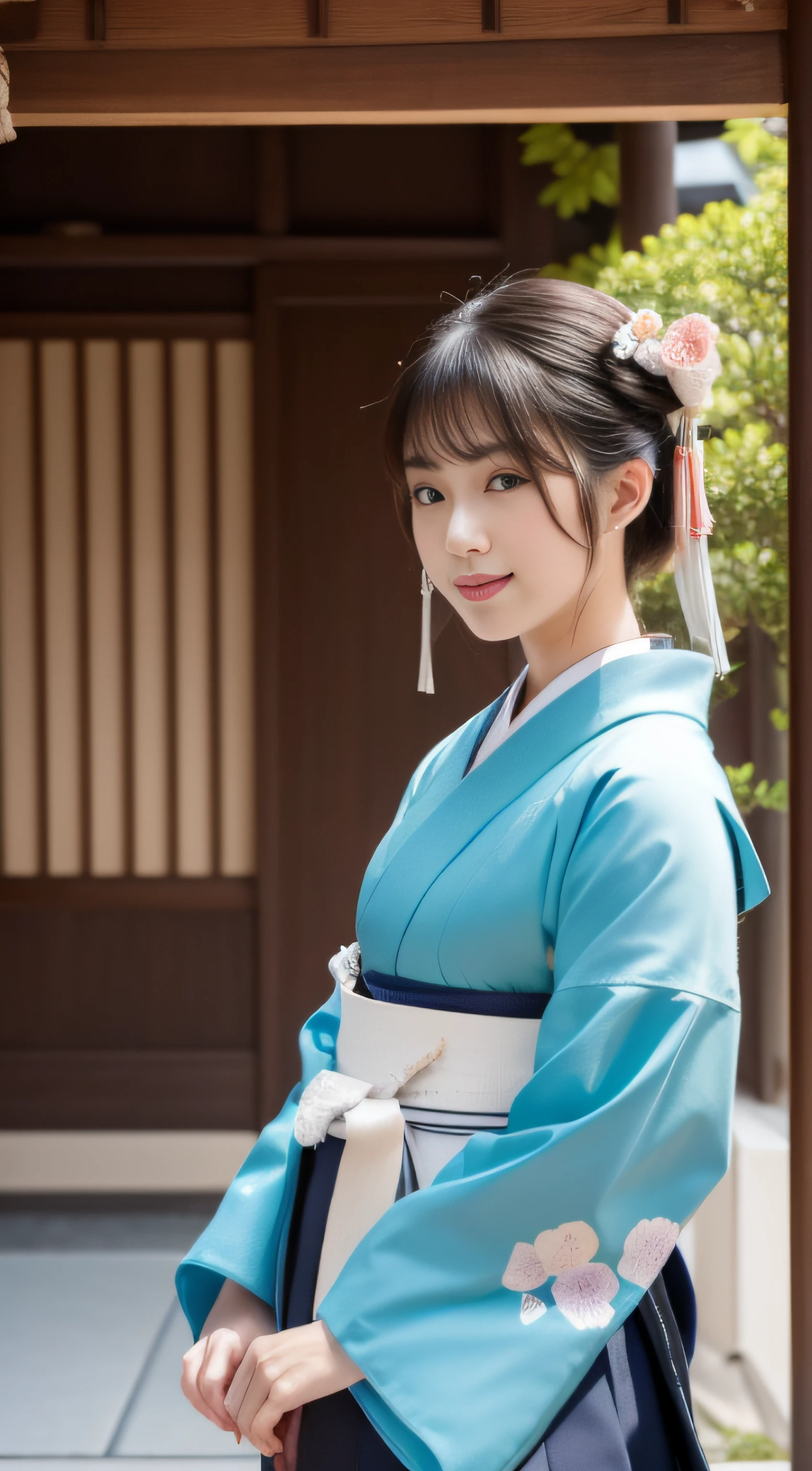 (((Female Student Hakama))), Super beautiful 24-year-old fashion model, perfect eyes, Perfect iris,Perfect lips,perfect teeth,Perfect Skin,With fair skin,Soft front light,nffsw,Movie girl,ssmile,(Hakama of a female student Japan in the Taisho era),The background is the Japan cityscape of the Taisho era,Taisho era Japan buildings,Taisho era bicycles in Japan、Green Tree々,florals,grass field,4K Ultra HD, 超A high resolution, (Photorealistic: 1.4), Best Quality,masutepiece,Utra dilution,(PastelColors:1.2)