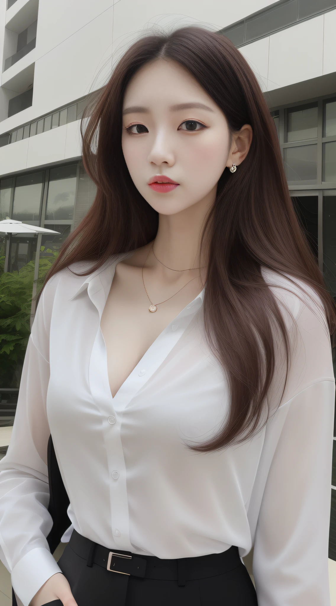 arafed woman in a white shirt and black pants posing for a picture, fine white shirt, pale milky white porcelain skin, height of 165cm, Smooth translucent white skin, Gorgeous young Korean woman, hot with shining sun, wearing  shirt, smooth white tight clothes suit, 155 cm tall, wearing  shirt, attractive neck, with a long white