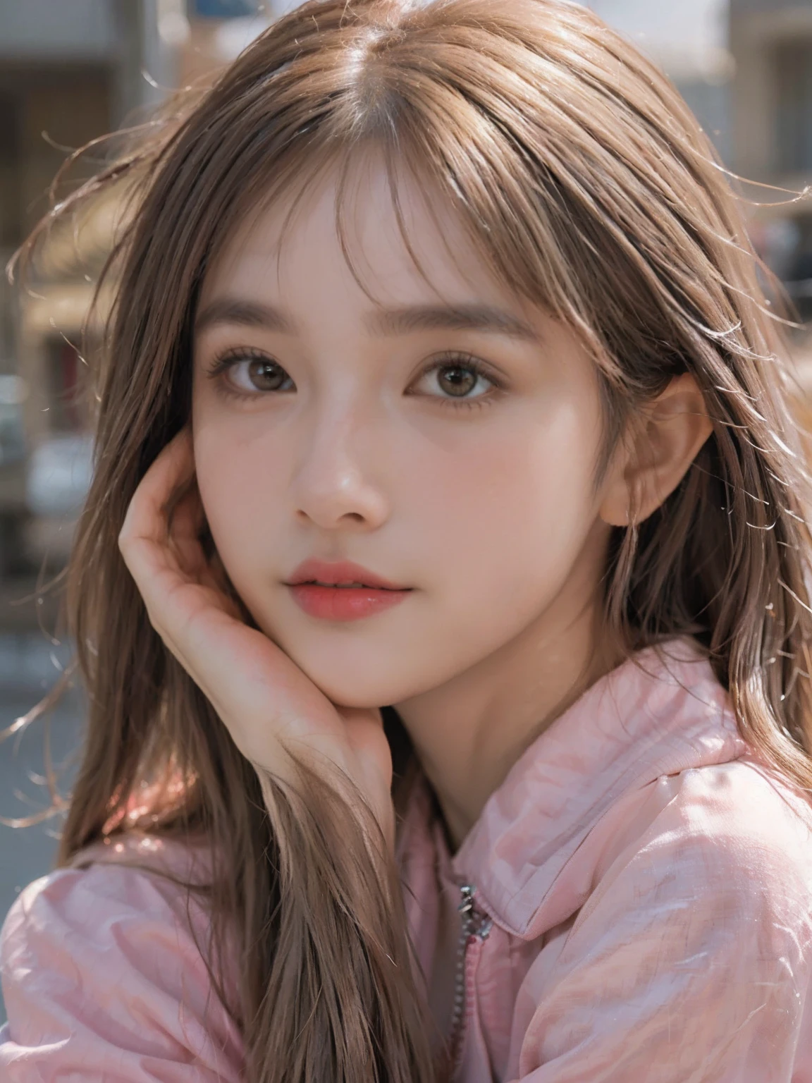 ((Best quality:1.2, 8K, Sharp focus, master piece: 1.2, Natural light, extremaly detailed cg, Beautiful girl:1.2, reality, detailed face texture, Realistic skin, Beautiful makeup, Detailed bangs)), (depth of fields), Bokeh background, Head tilt, Smile, orange long hair, Cowboy shot, (Pink crop top jacket), Wind, looks away, From the side Side,
