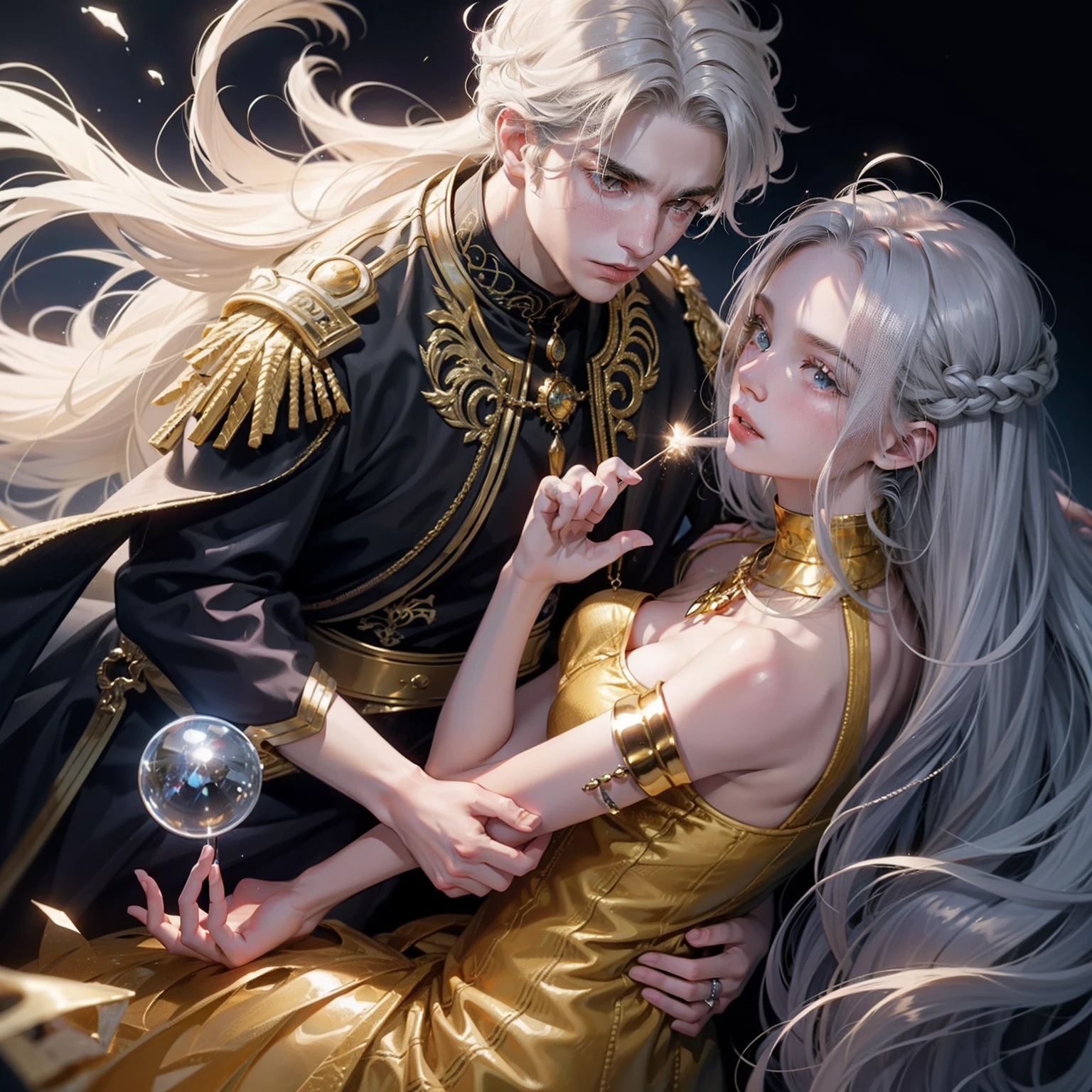 A golden-haired boy is hugging a silver-haired girl And in the middle there is a glowing crystal.