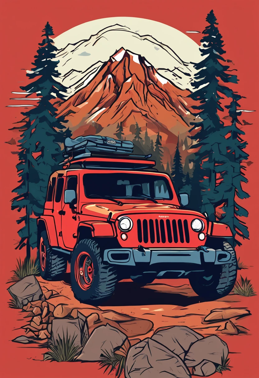 Vector T-shirt art red jeep wrangler color graffiti illustration ready to print, Swiss Alps, Tall trees, 夏天,Camping Tent,Bonfire background,light,Mountain Label,Sunset painting,camping,High detail painting,Camping and colorful,jen bartel,Outdoor bonfire pit,Landscape painting,Mountain Scenes,Sexy beauty