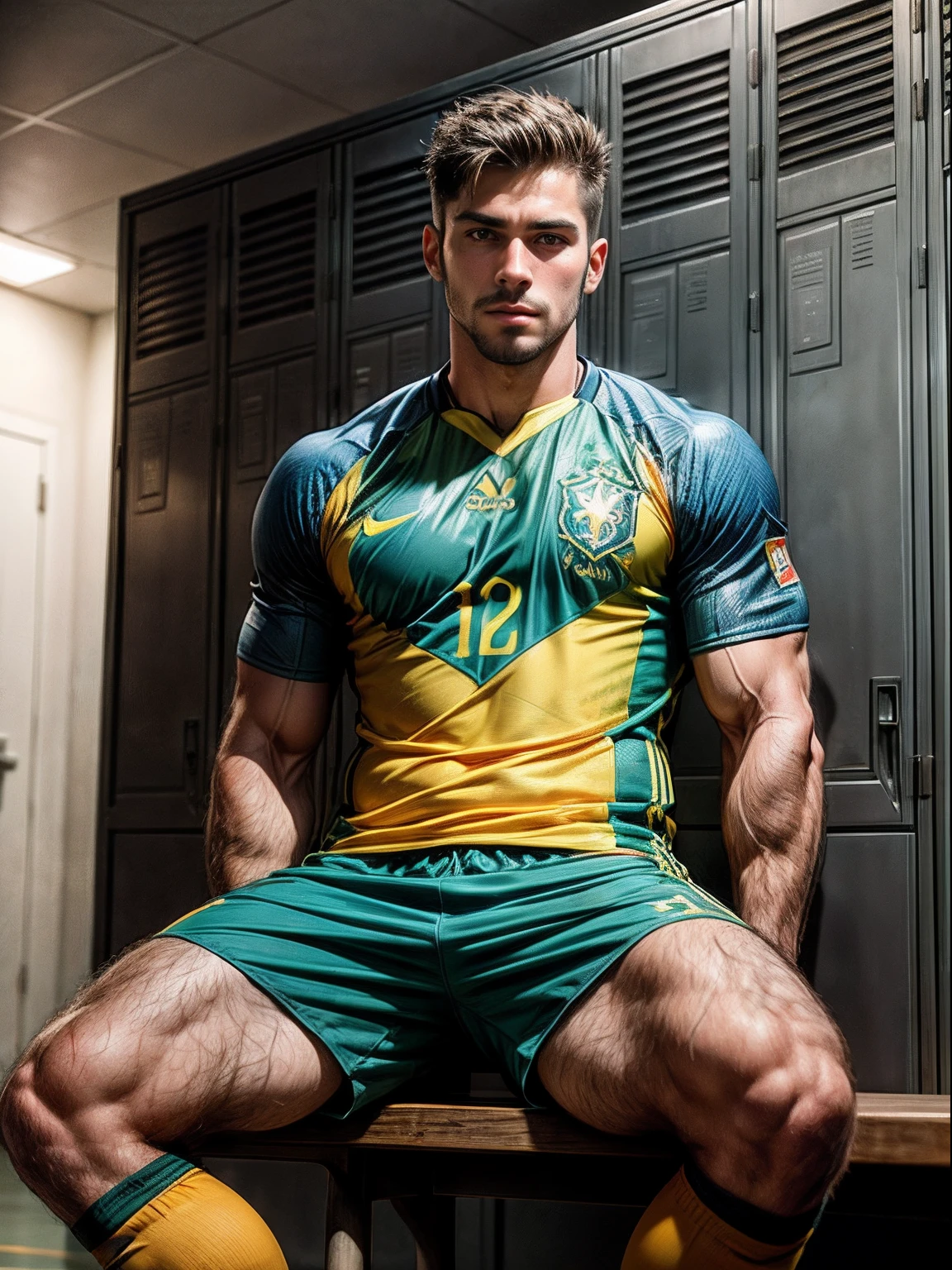 Some soccer players , russian muscle , hairy body, big legs , very sweaty and humid ,bottom men , Alpha male, on the playing field , with his friends , huge biceps, defined abs, woolly fur, wet naked men show their member, playing field , a satisfied smile, 4k, high detailed, beautiful, Dark Age, Art by Stanley Artgerm, by Daniel F. Gerhartz, by Pino Daeni, Very detailed, sharp focus