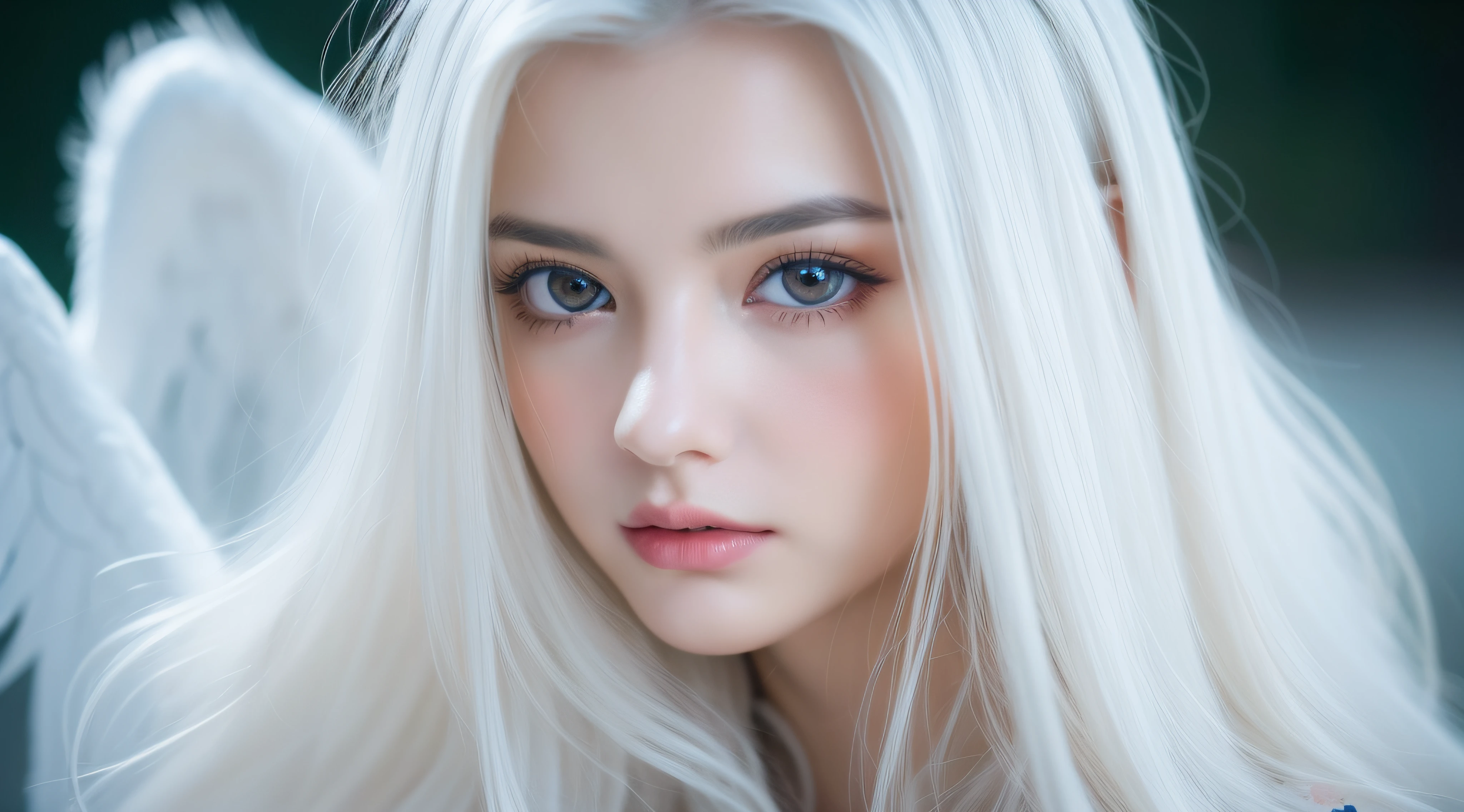 Realistic photo,Masterpiece,Best quality,Extreme detail,Detailed face,Cute,nice eye,beautiful detailed flowers, Beautiful detailed eyes,ultra - detailed,flower,Eyes,Flowers and hair are the same color,full bodyesbian,An extremely delicate and beautiful girl,((angel)),White hair,Messy hair,Night