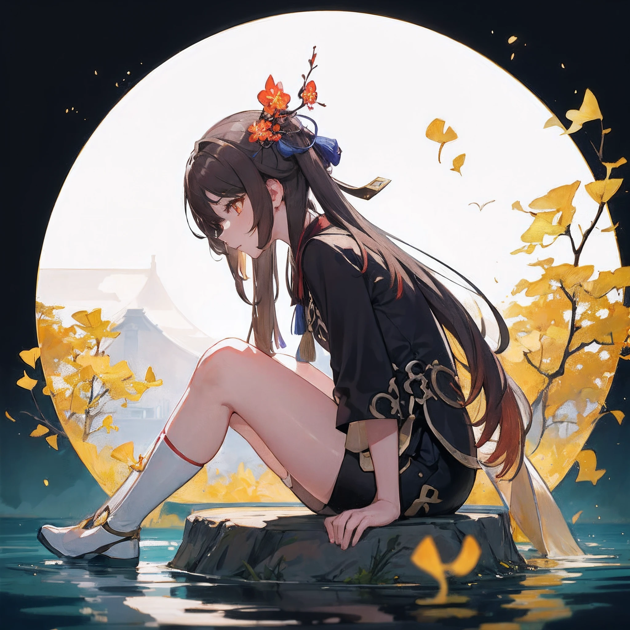 yellow Chinese ginkgo biloba leaves pattern white background, Hu tao from genshin impact, casual outfit, facing sideway, sitting, circle in the middle, long hair, water reflection, half body