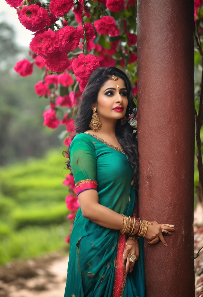 beautiful Bangladeshi actress Apu Biswas, black colour 3p ,golden colour churi,red rose in hang,beautiful romantic place,looking beautiful,eye looking beautiful,