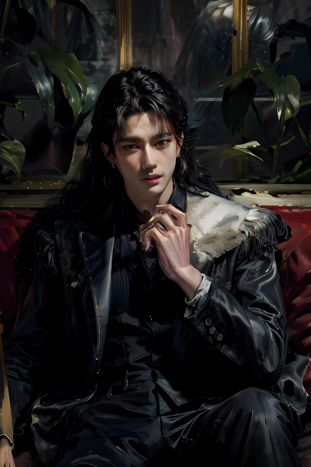 Masterpiece, Highest Quality, (Perfect full face:1.5), (high detail:1.1), long straight black hair, soft wild hair, (Hyper detailed red eyes), 独奏 ,1guy, Long hair, luxurious suit, Photo shootDetailed background, 12), covered navel, full lips, curvy guy, perfectly drawn face, Cinematic lighting, Red notebook colors, balenciaga, glistering