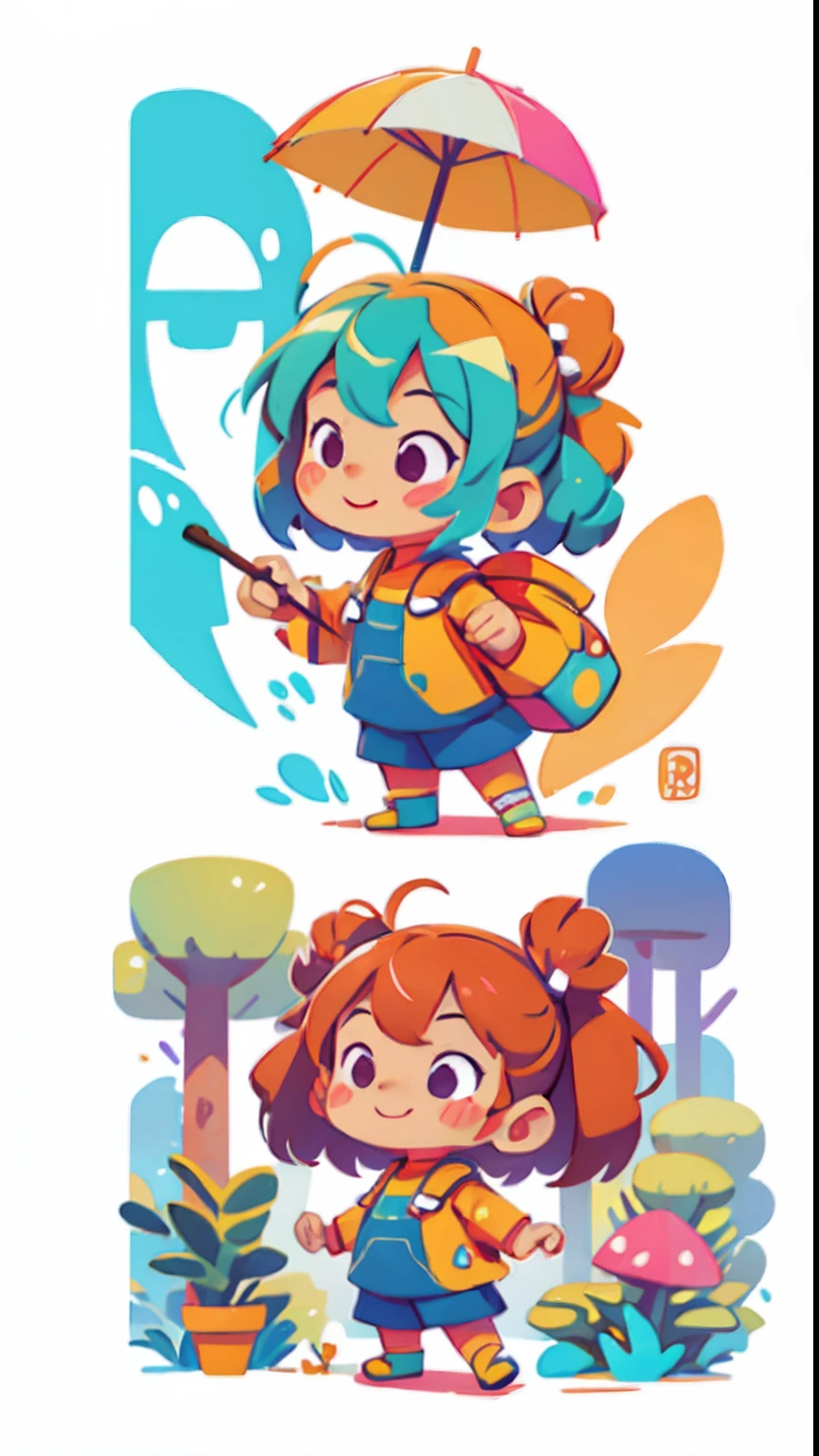 three-view drawing enerate three views, namely the frontview,side and back view,vectorial art, Color graffiti illustration, Cute and cheerful little girl with umbrella, are in the center, Bright colors, Paint splashes and stains, Adobe illustrator, High detail, white backgrounid