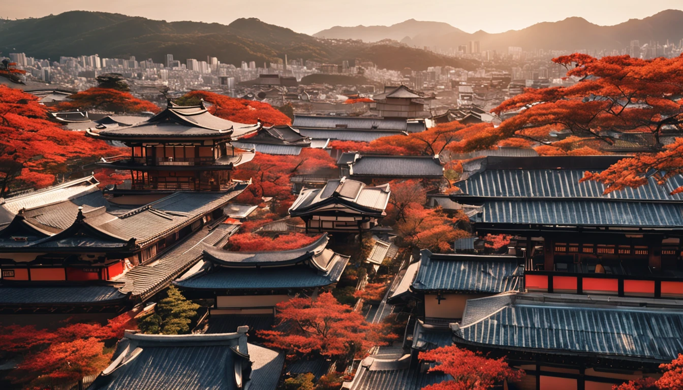 Japanese traditional cityscape, with bustling buildings, bathed in the warm midday sunlight, offering a magnificent view from above."