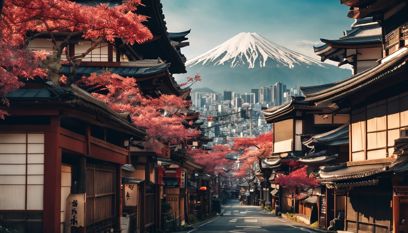 Japanese traditional cityscape, with bustling buildings, bathed in the warm midday sunlight, offering a magnificent view from above."
