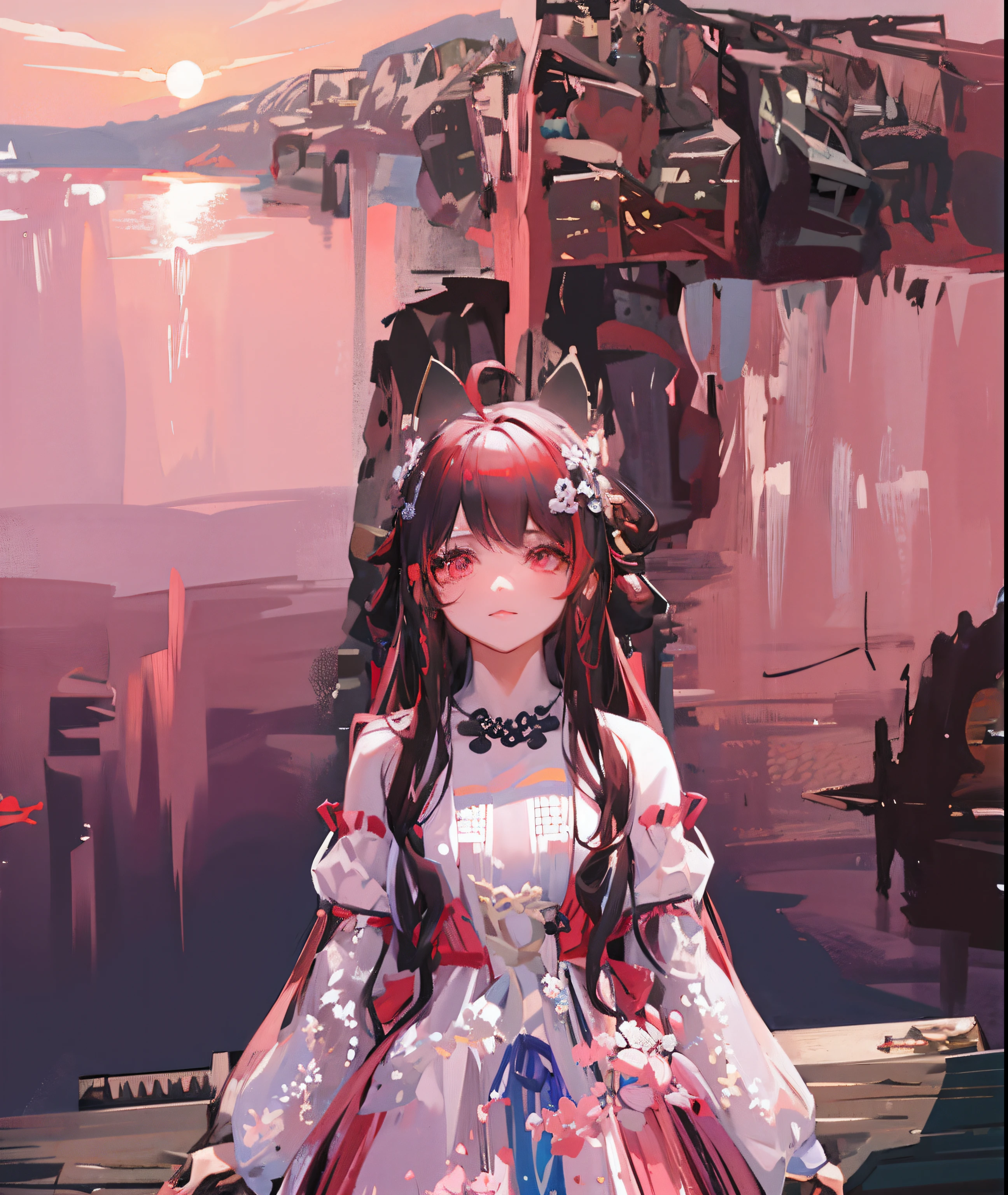 On the dock stood a woman in a pink dress, pink twintail hair and cyan eyes, Palace , A girl in Hanfu, hime-cut, a beautiful fantasy empress, inspired by Lü Ji, Inspired by Lan Ying, 8K!!, Inspired by Dai Xi, Red long-haired, pale red, 8K octave rendered photos