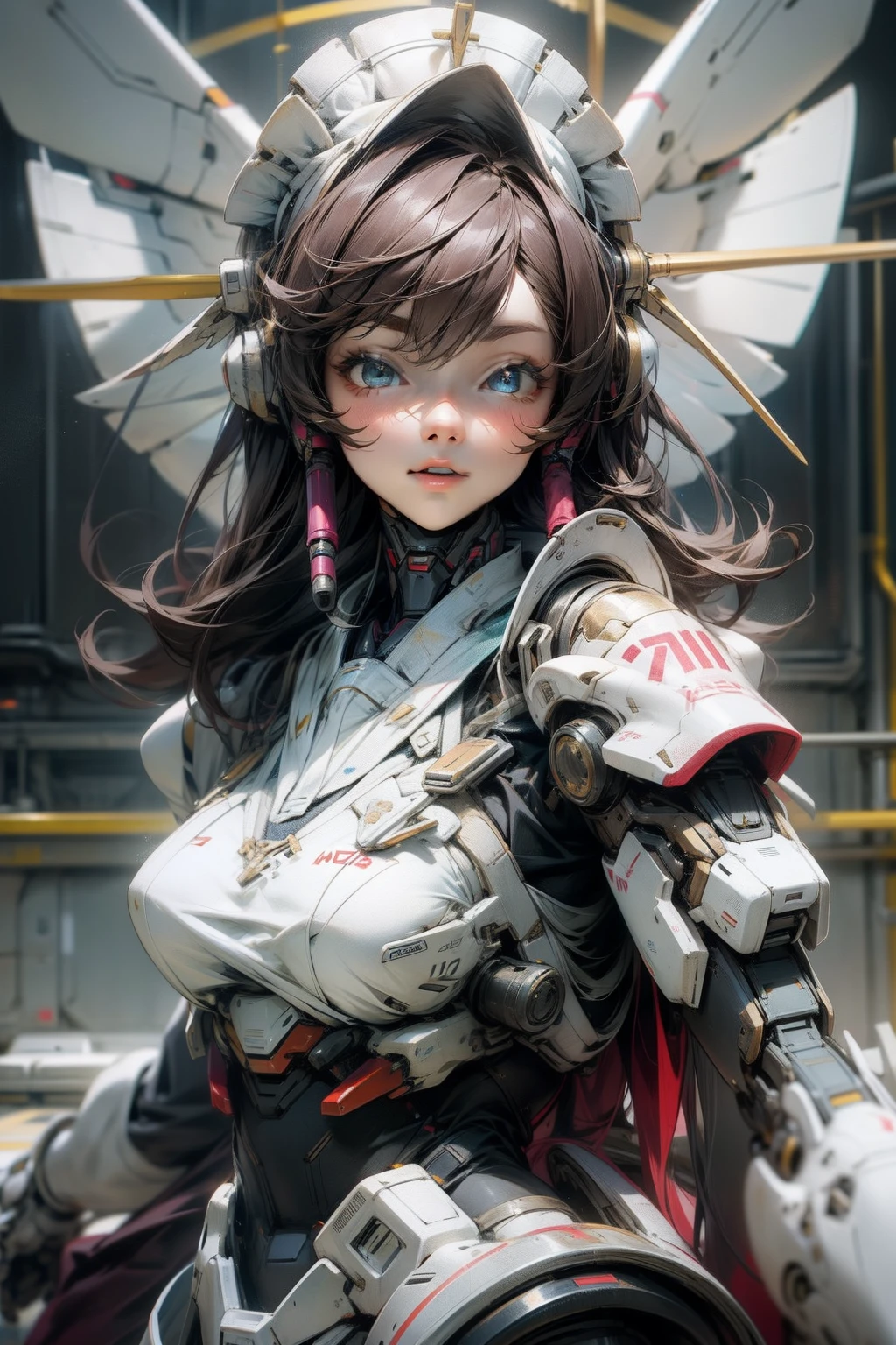 Up、Flying wing zero、full bodyesbian、sci-fy、mechs、On her shoulder stood a young girl、The girl wears a maid outfit