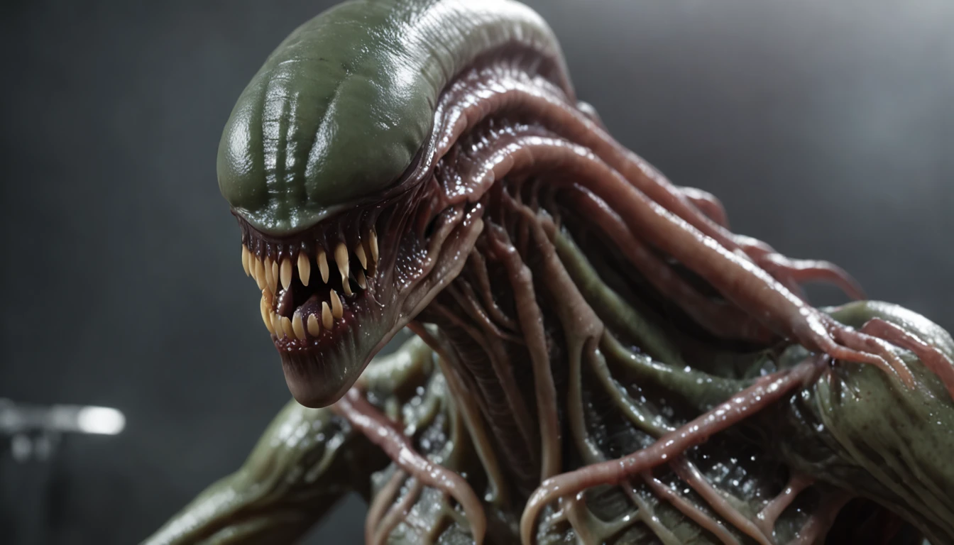 (professional 3d render:1.3) af (Realistic:1.3) most beautiful artwork photo in the world,Features a xenomorpth cluttered environment)), full body 8k unity render, action shot, skin pore, very dark lighting, heavy shading, Detailed, Detailed face, (vibrant, photograph realistic, Realistic, Dramatic, Dark, Sharp focus, 8K), (slime drips from it's inner jaw of razor sharp teeth:1.4), ((((teeth)))), (Intricate:1.4), decadent, (Highly detailed:1.4), Digital painting, rendering by octane, art stations, smooth, Sharp focus (Global illumination, Studio light, volumetric light), heavy rain, particles floating, fantasy, full body ((Dark and ancient planet background:1.3))